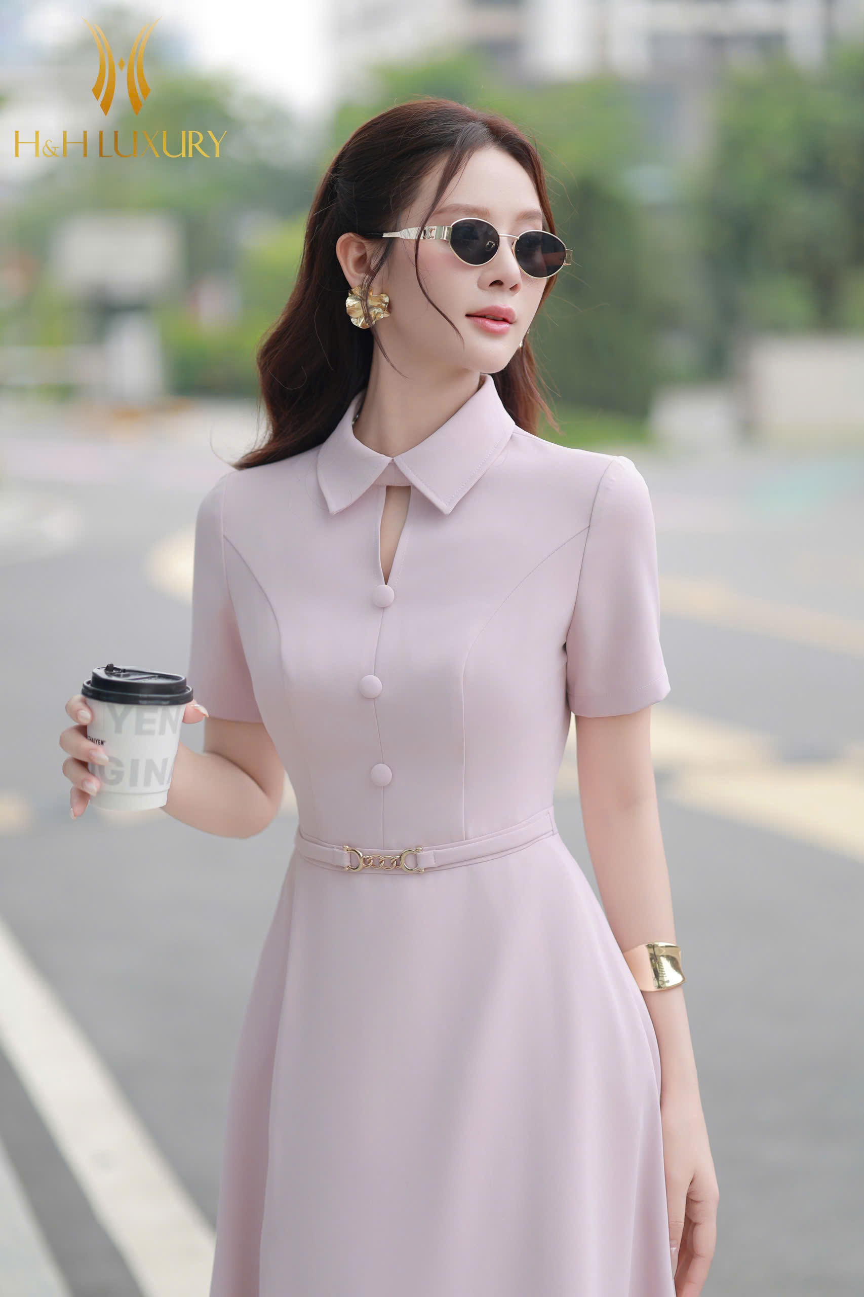 ĐẦM XÒE HỒNG PASTEL CÚC BỌC ĐAI EO