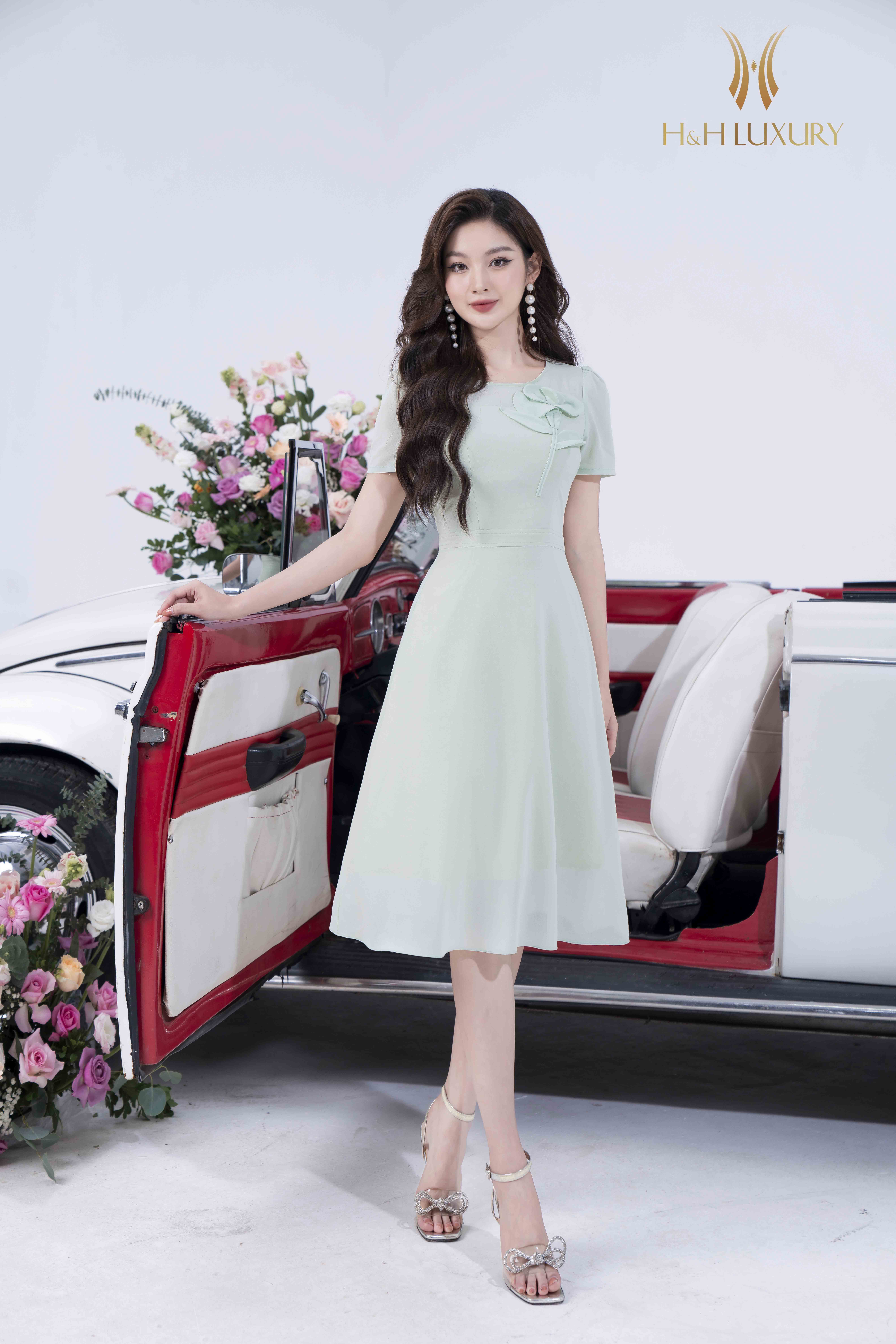 Đầm xòe tơ Hàn xanh pastel hoa hồng 3D