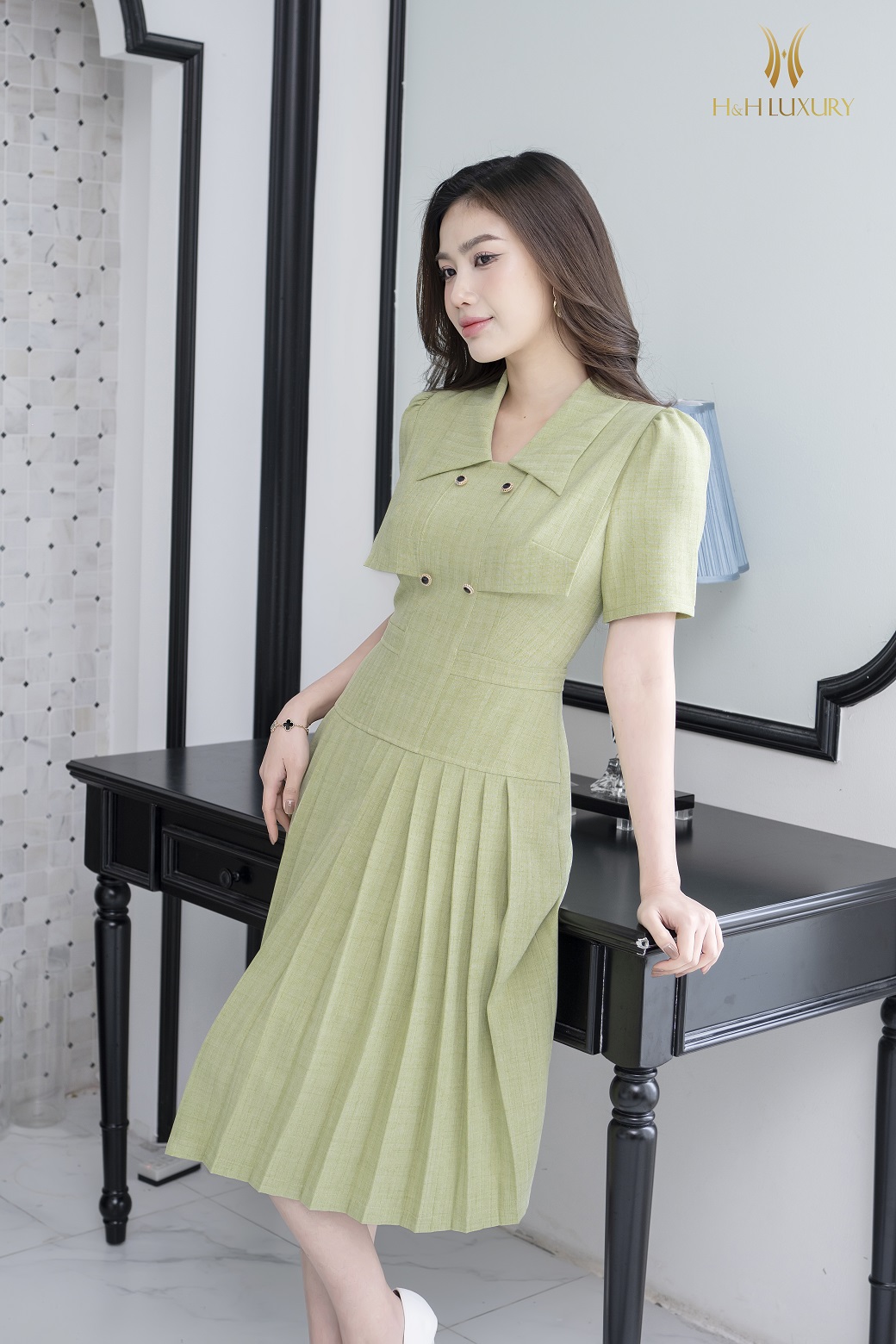 ĐẦM XÒE CỐM CHÉO NHẬT XANH XẾP LY