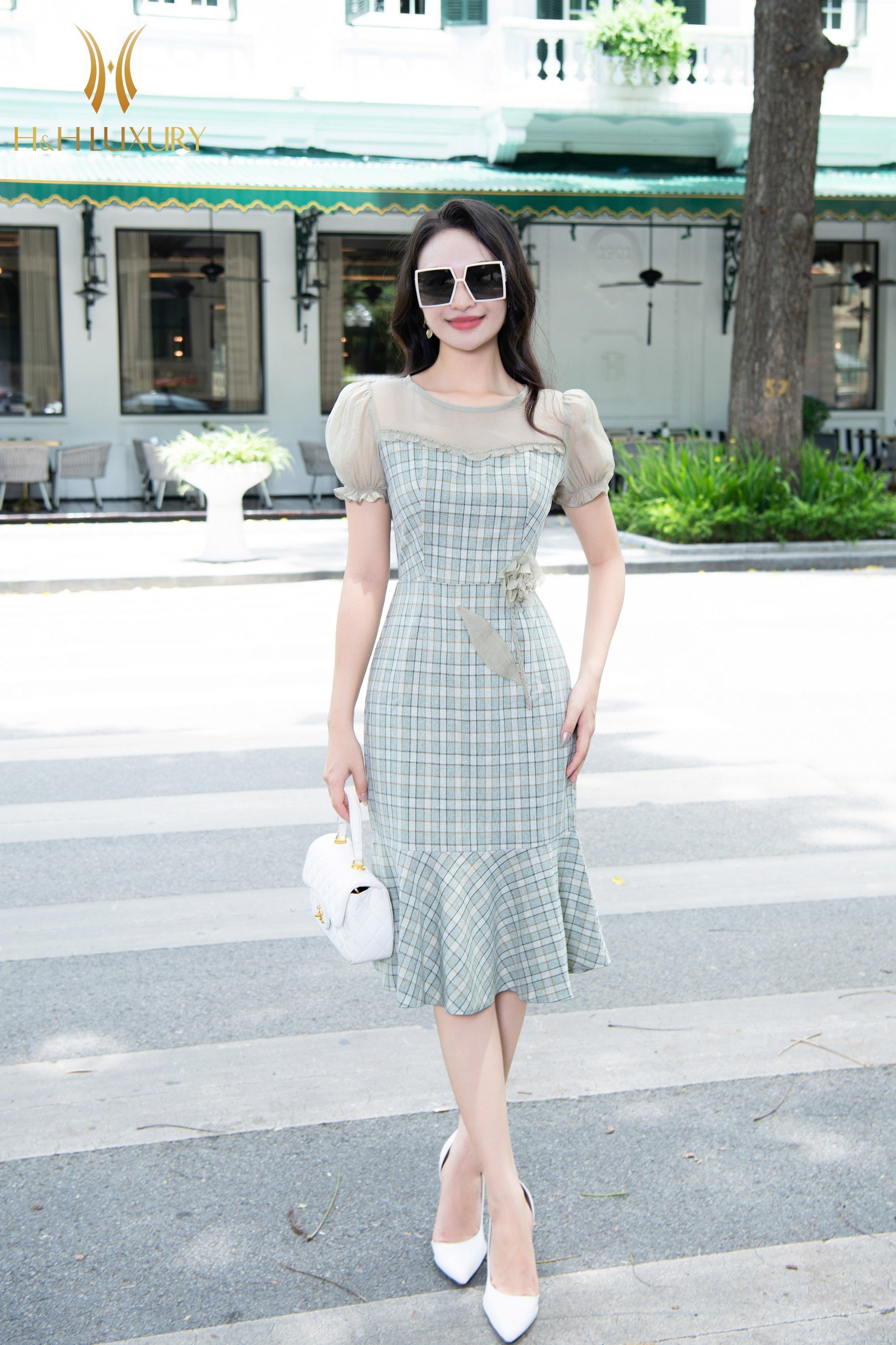 ĐẦM ĐUÔI CÁ KẺ XANH PHỐI TƠ XANH HOA EO