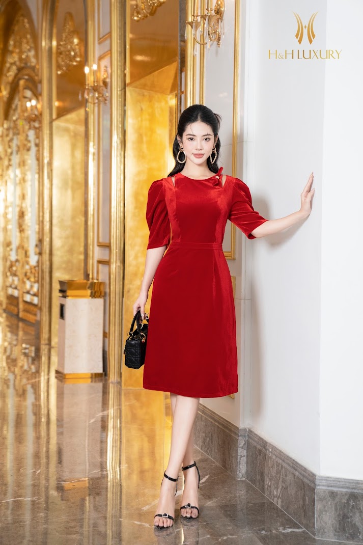 Váy nhung đỏ tay bồng, váy nhung xòe tay bồng, váy đi cưới | Shopee Việt Nam
