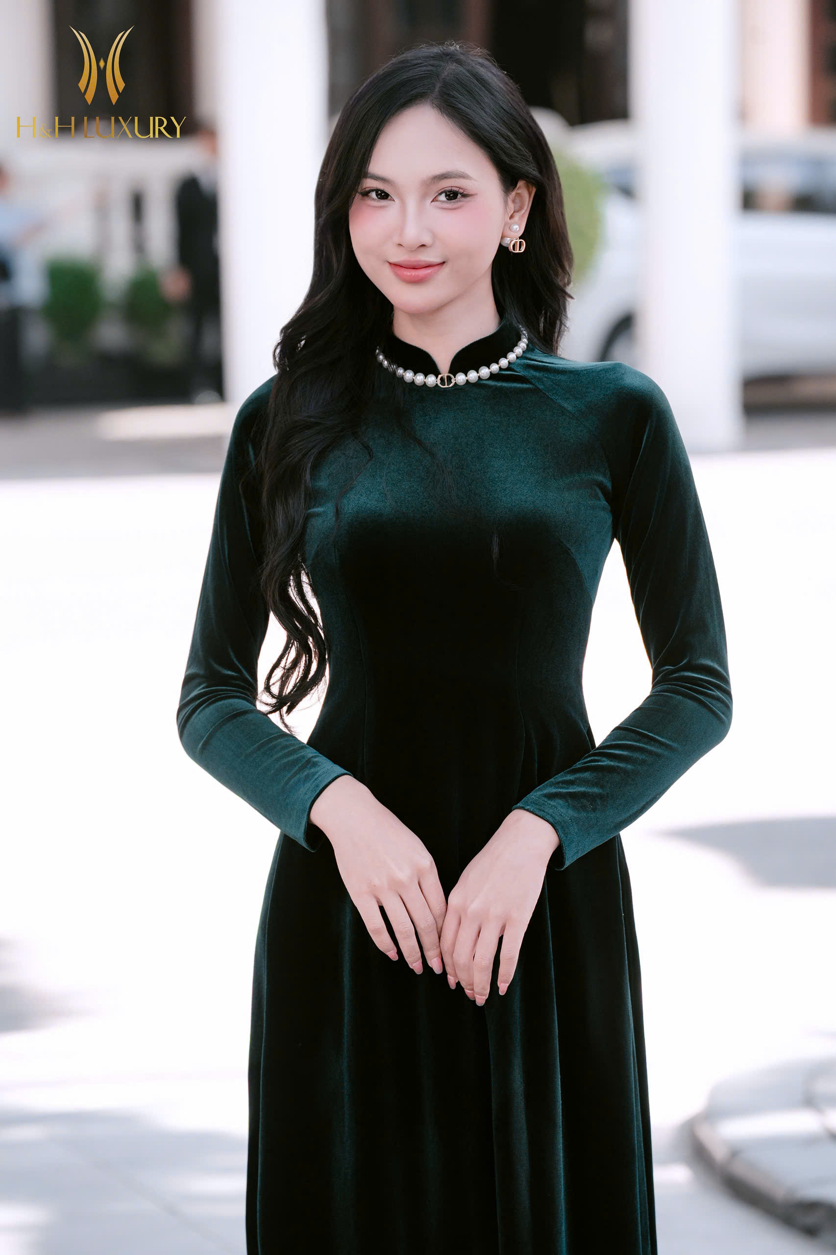 ÁO DÀI NHUNG XANH CỔ VỊT