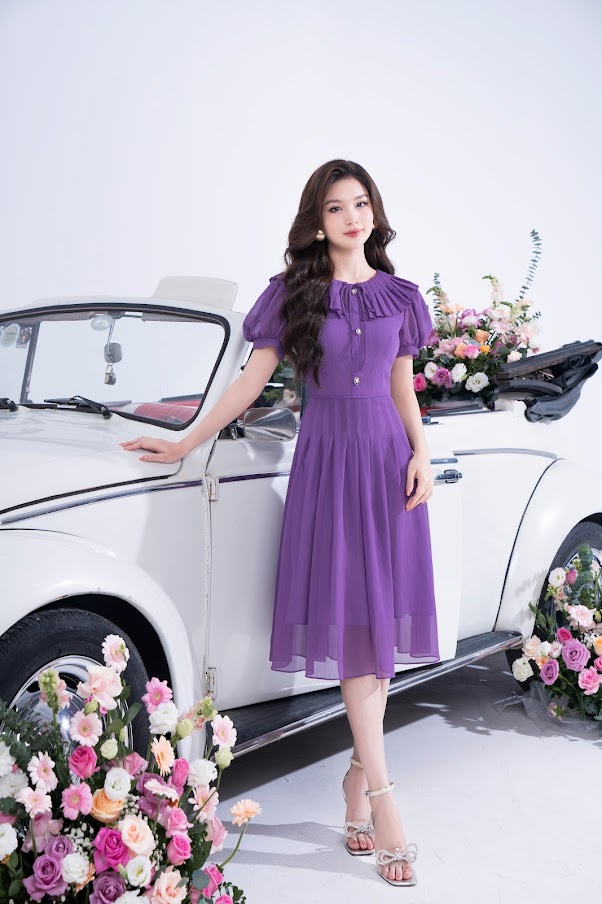 Đầm xòe tơ vân Nhật tím lavender nơ cổ