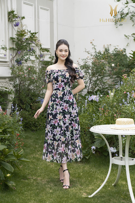 ĐẦM MAXI HOA LY TƠ HÀN CAO CẤP XẾP LY VAI