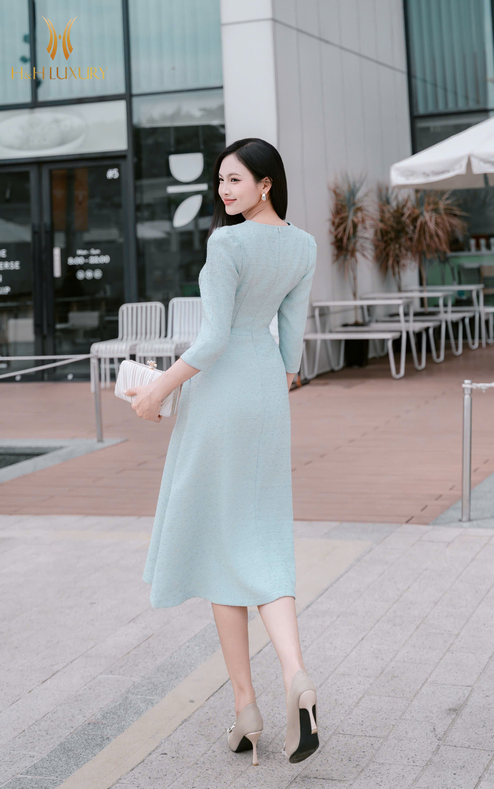 ĐẦM DẠ TWEED XANH ĐAI EO