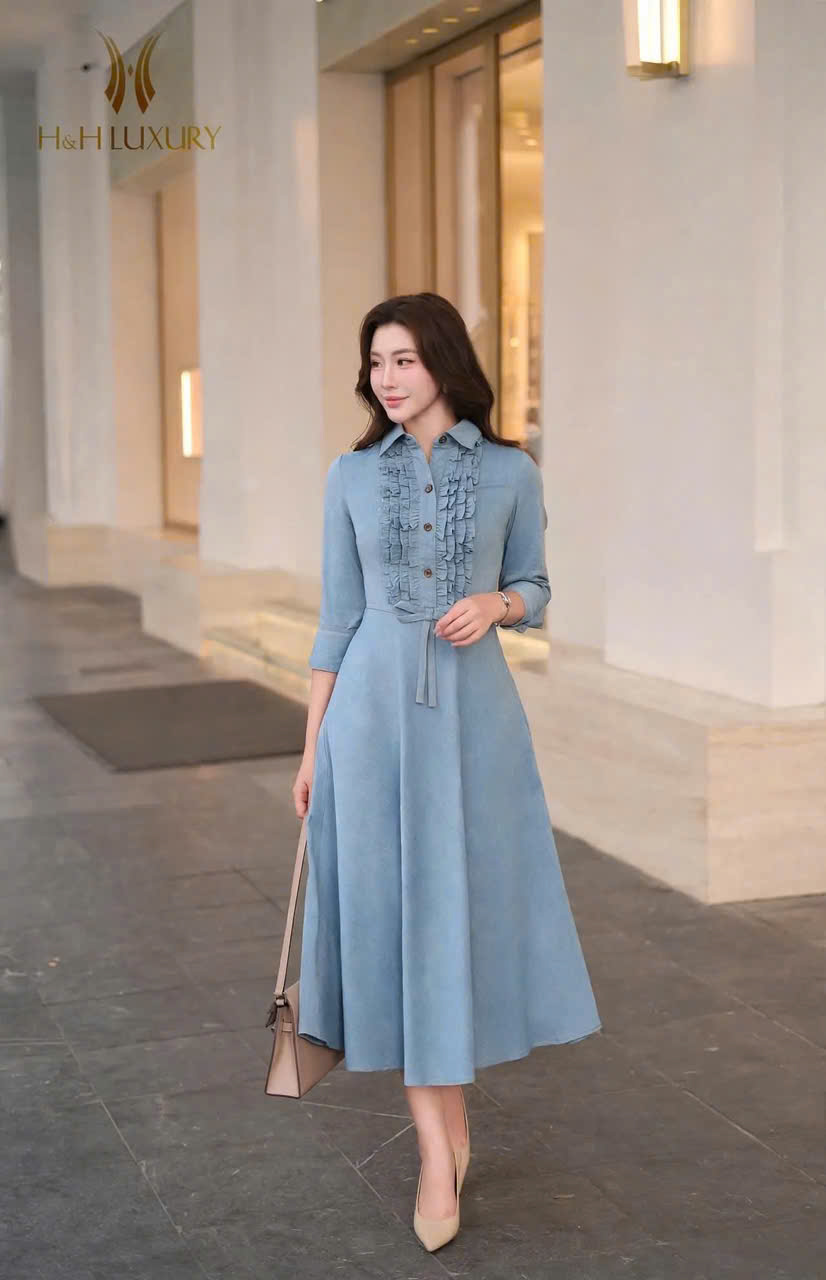 ĐẦM XÒE JEAN XANH PASTEL XẾP BÈO
