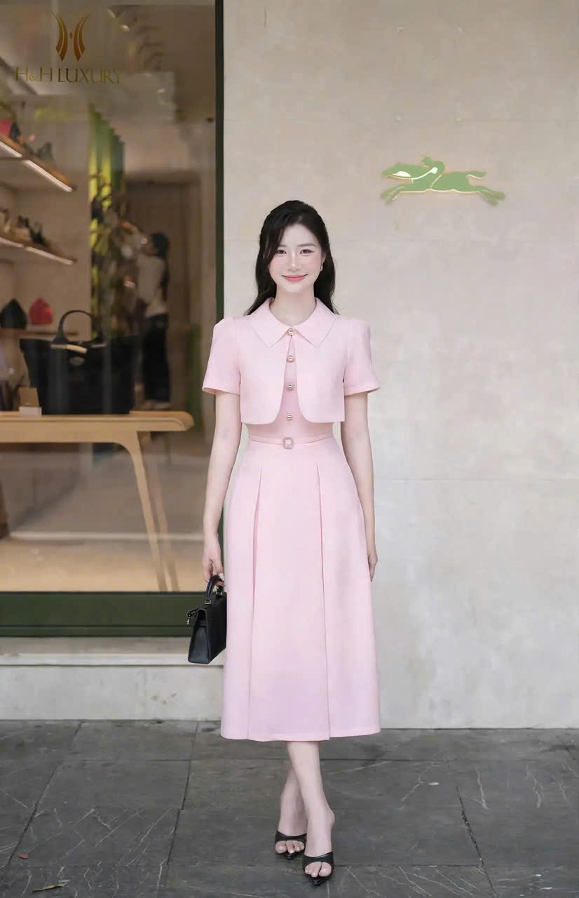 ĐẦM TÀ NGỰC HỒNG PASTEL ĐAI EO