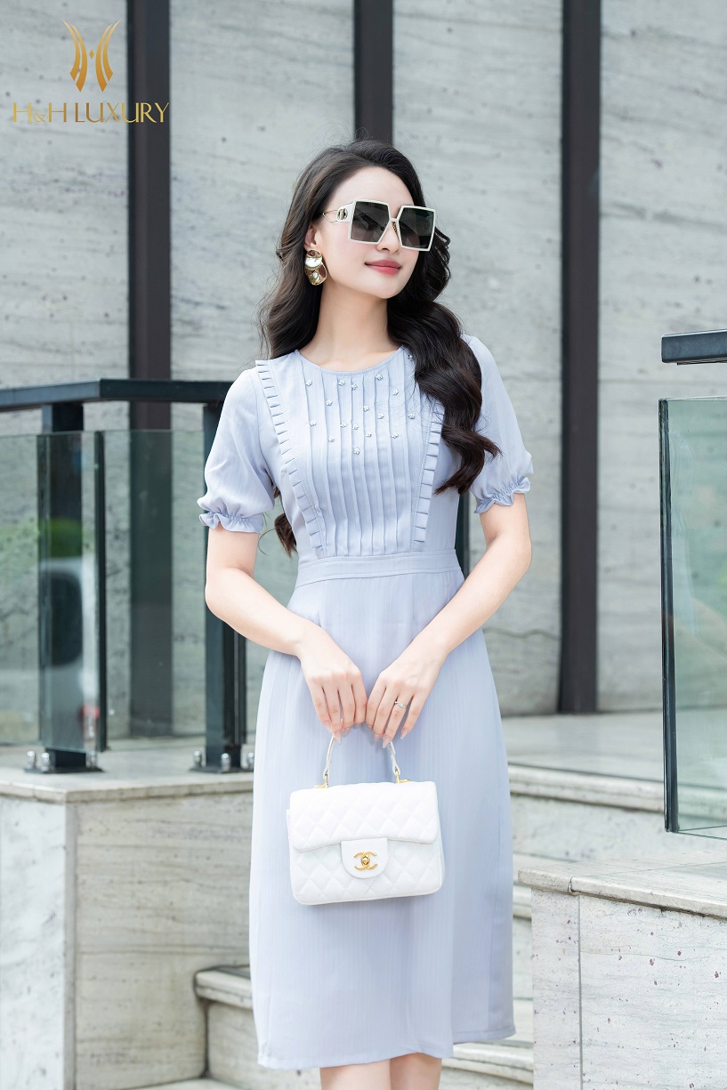 ĐẦM ÔM A XANH PASTEL ĐÍNH TRAI