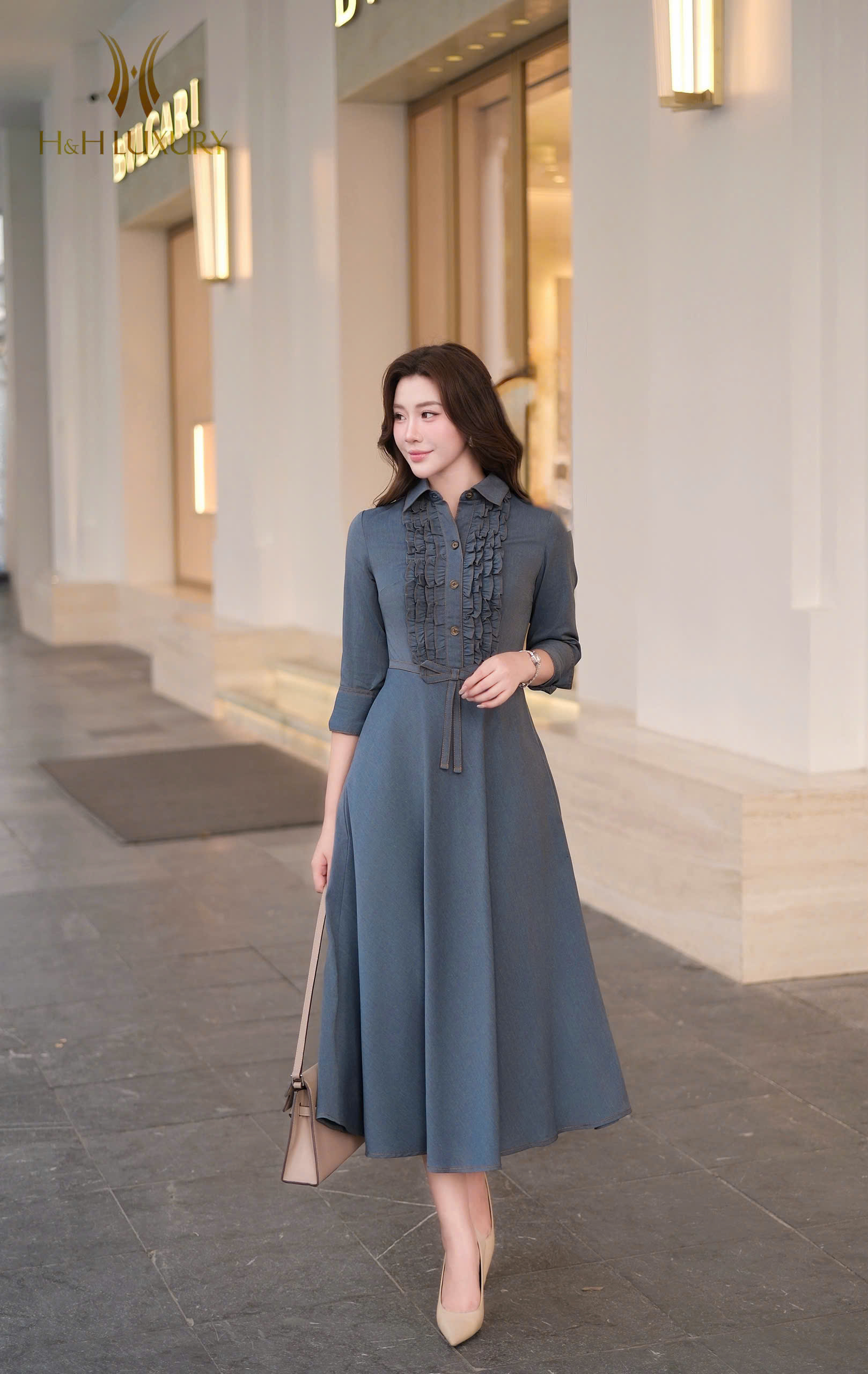 ĐẦM XÒE JEAN XANH NAVY XẾP BÈO
