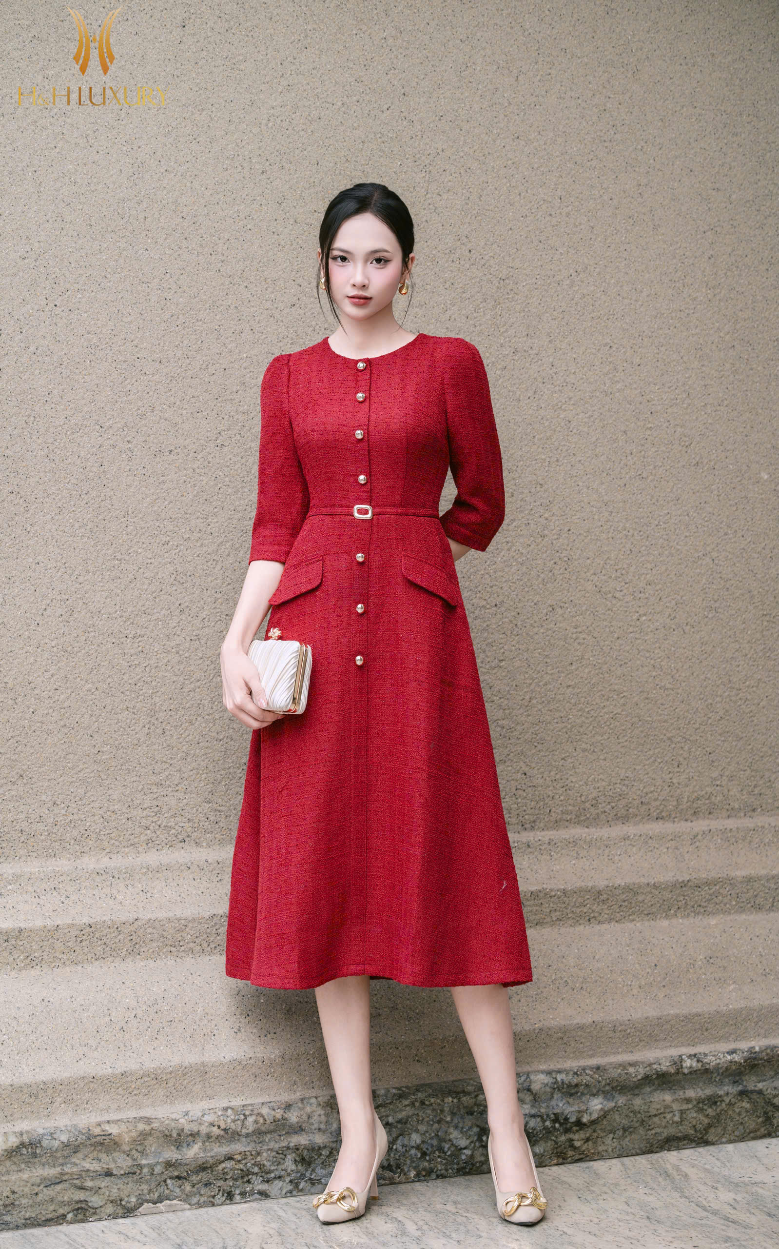 ĐẦM DẠ TWEED ĐỎ ĐÍNH CÚC