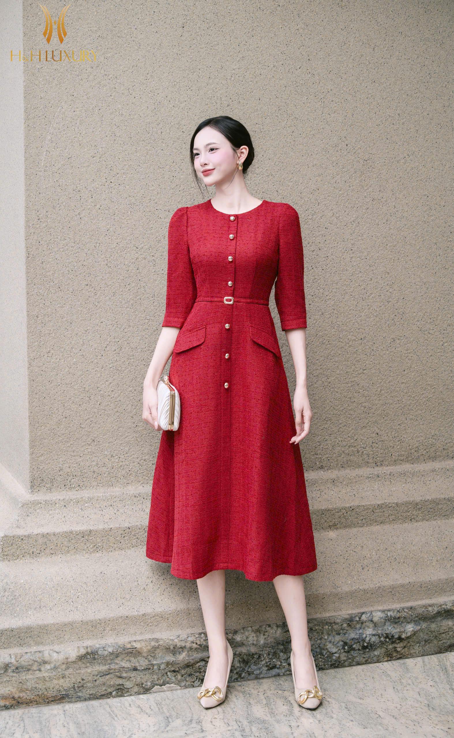 ĐẦM DẠ TWEED ĐỎ ĐÍNH CÚC