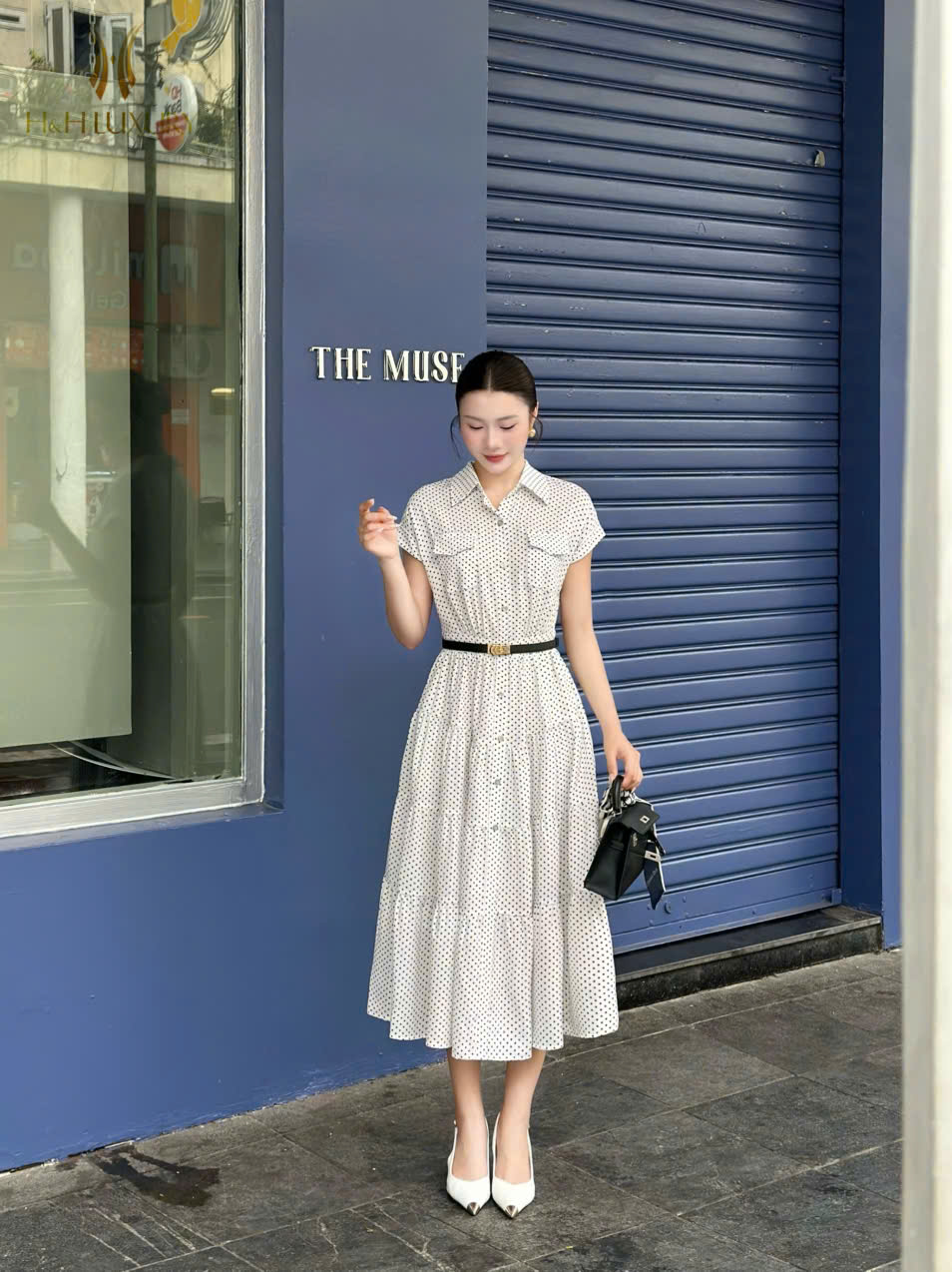 ĐẦM LỤA CHẤM BI TRẮNG CỔ ĐỨC 2 TÚI