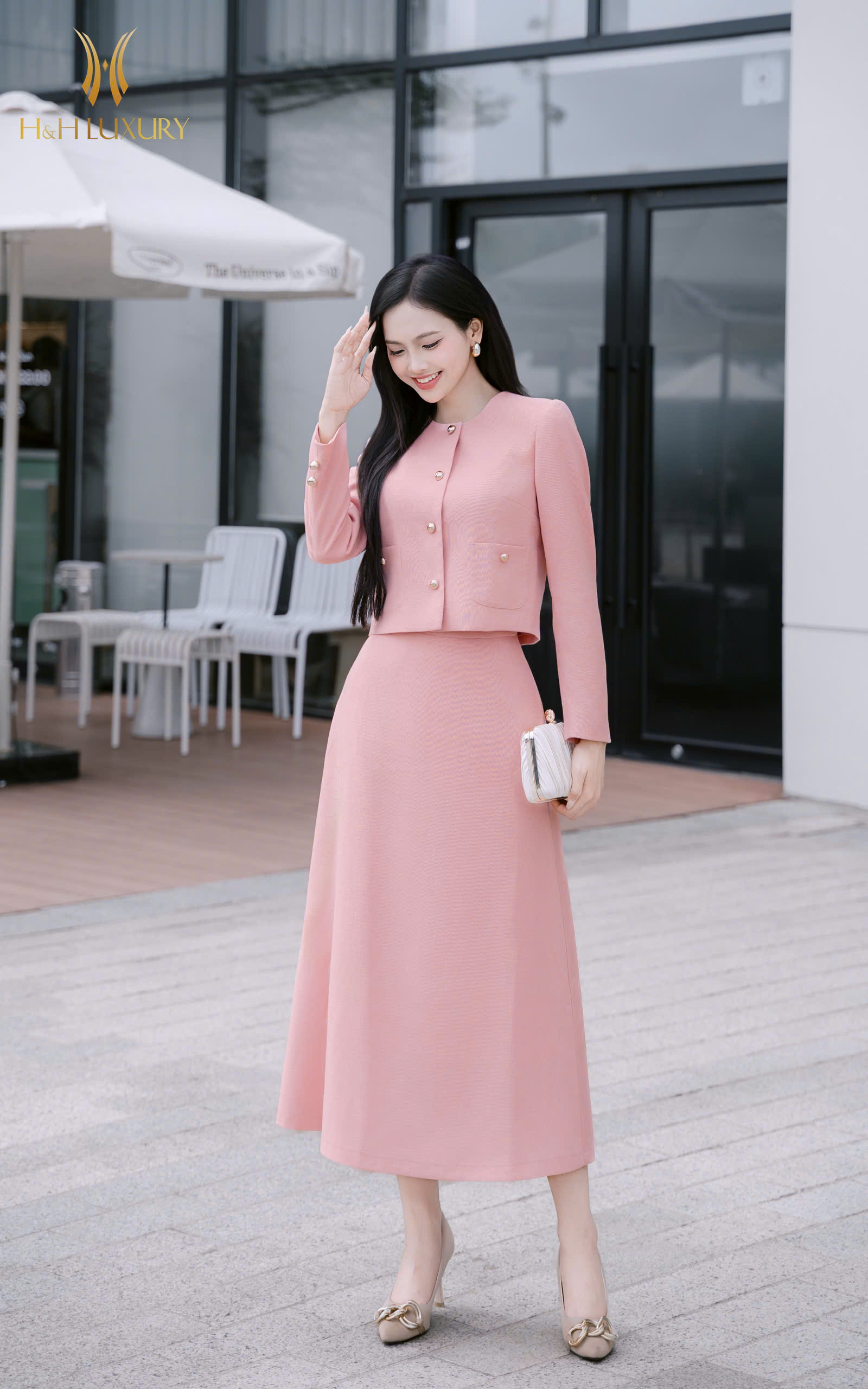 CHÂN VÁY TWEED HỒNG XÒE ĐỔ NHẸ