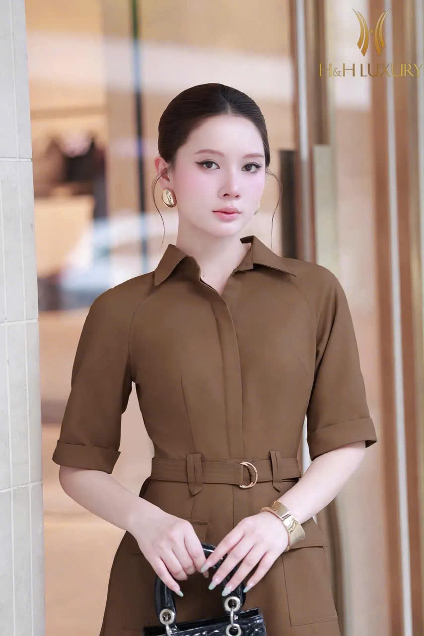 ĐẦM KAKI LỤA NÂU TÂY ĐAI EO