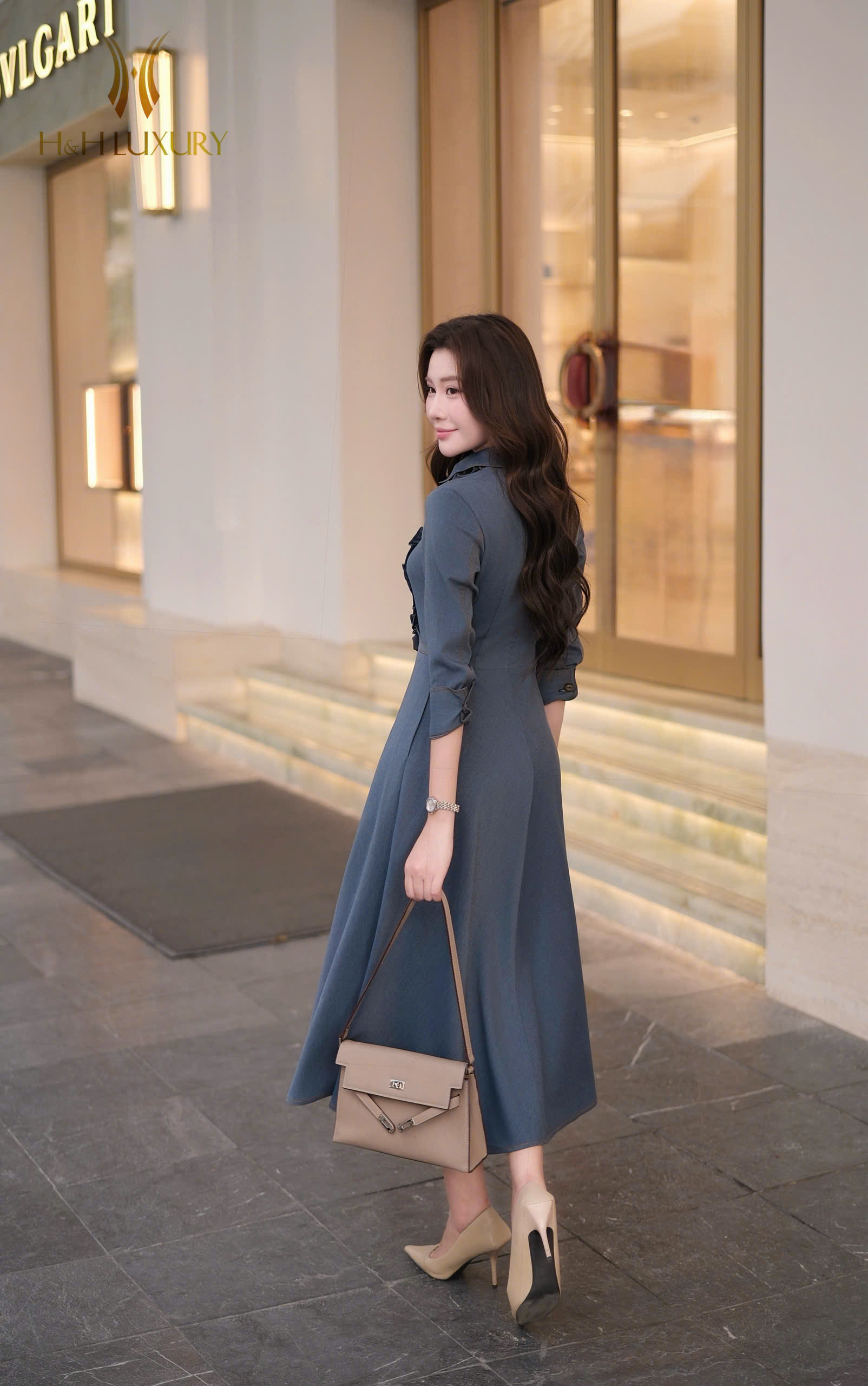 ĐẦM XÒE JEAN XANH NAVY XẾP BÈO