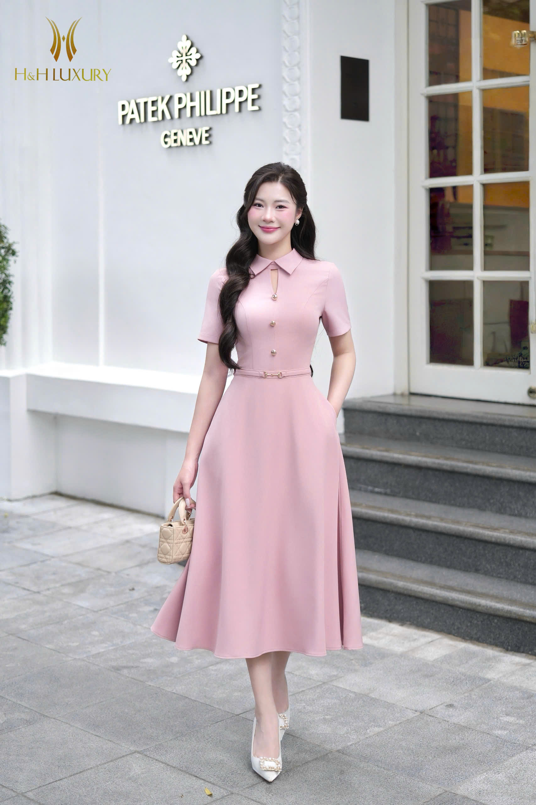 ĐẦM XÒE HỒNG PASTEL CỔ ĐỨC ĐAI EO