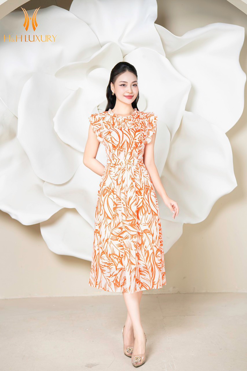 ĐẦM XÒE TƠ HỌA TIẾT CAM BÈO CỔ