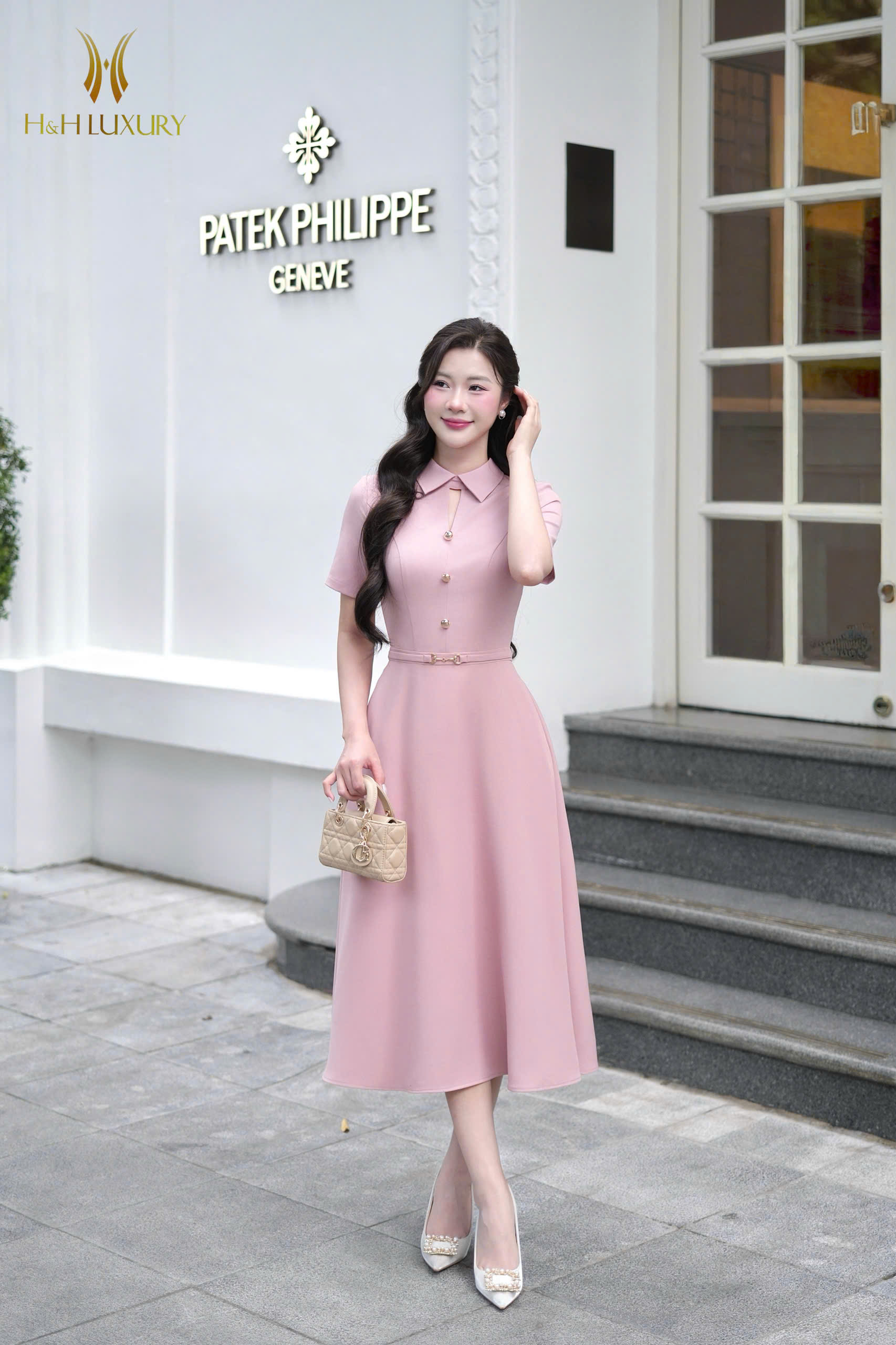 ĐẦM XÒE HỒNG PASTEL CỔ ĐỨC ĐAI EO