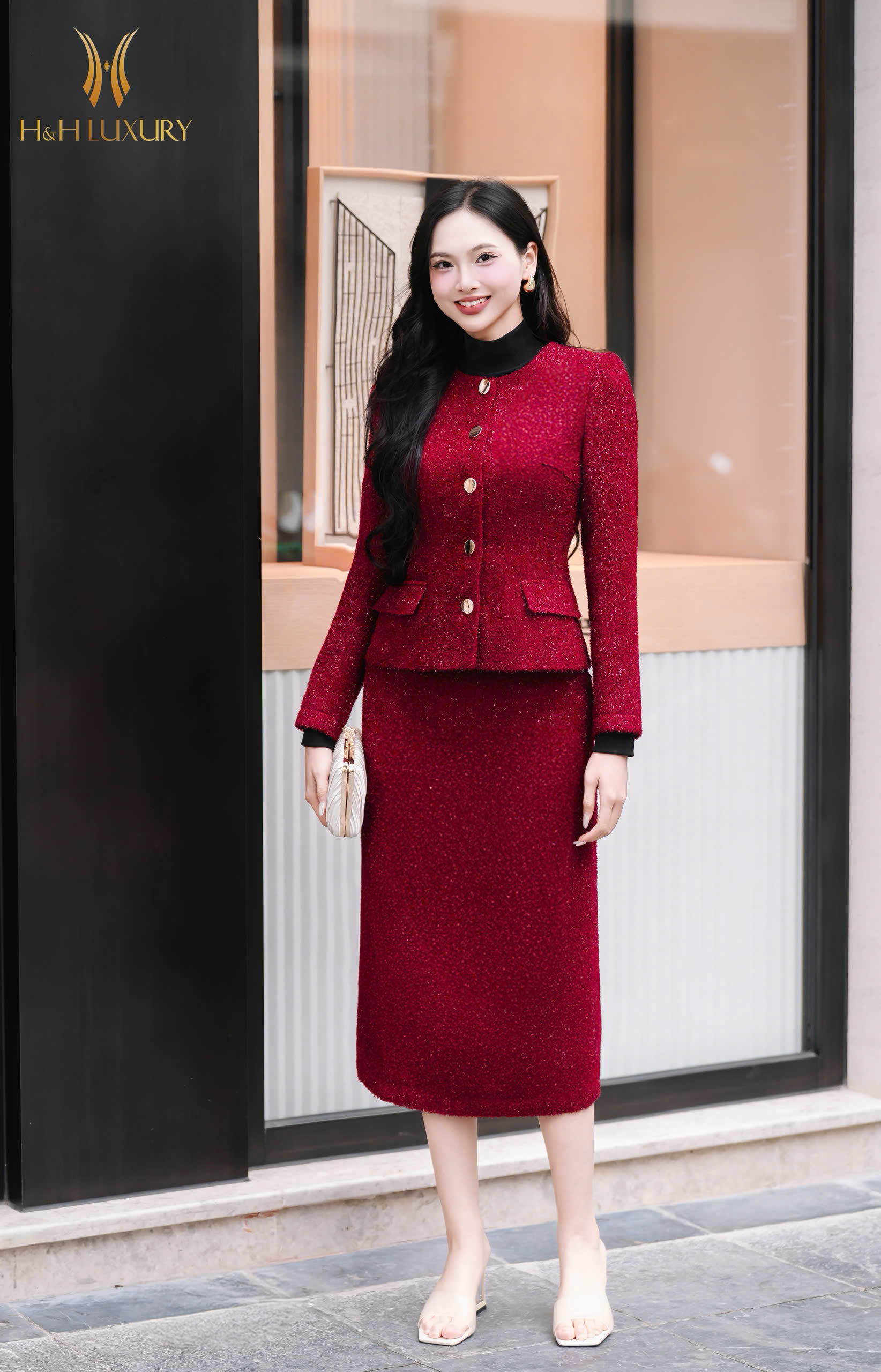 CHÂN VÁY BÚT CHÌ DẠ LÔNG ĐỎ 2 TÚI