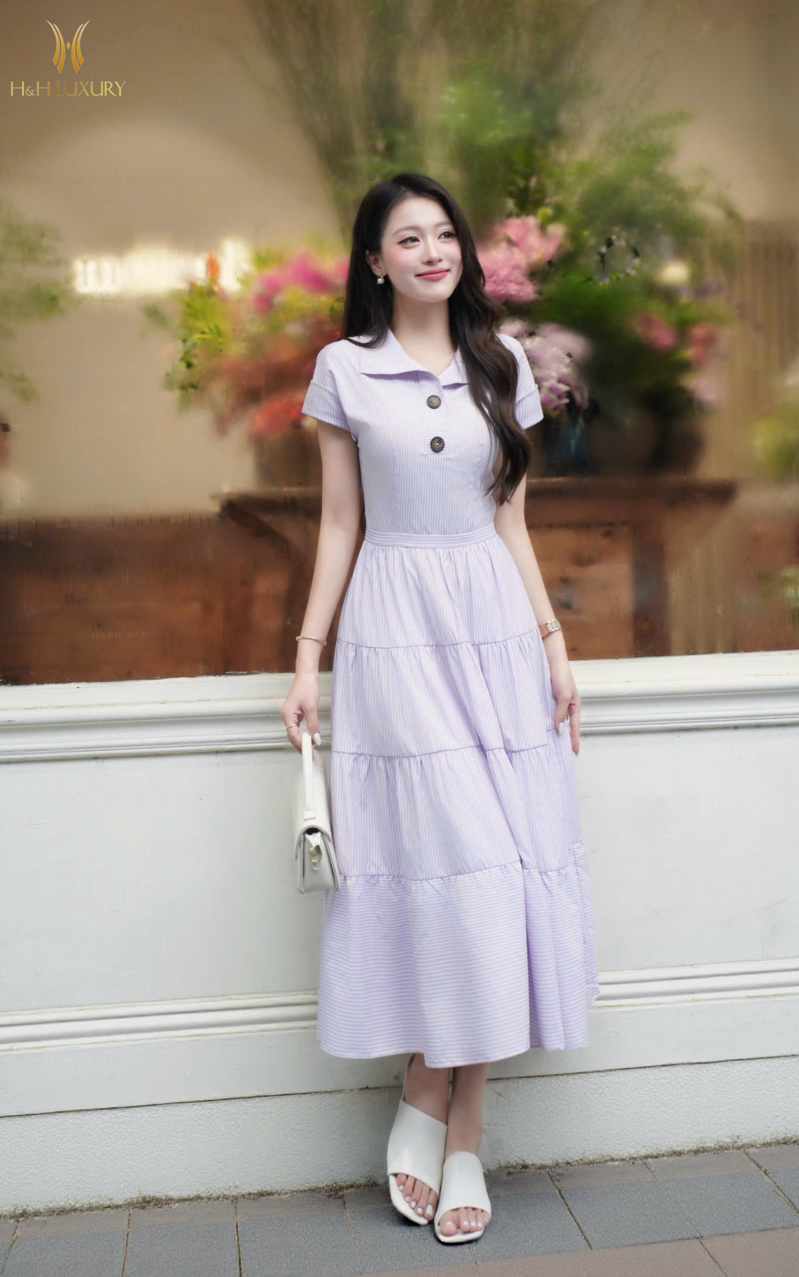 ĐẦM KẺ TÍM LAVENDER ĐÍNH CÚC