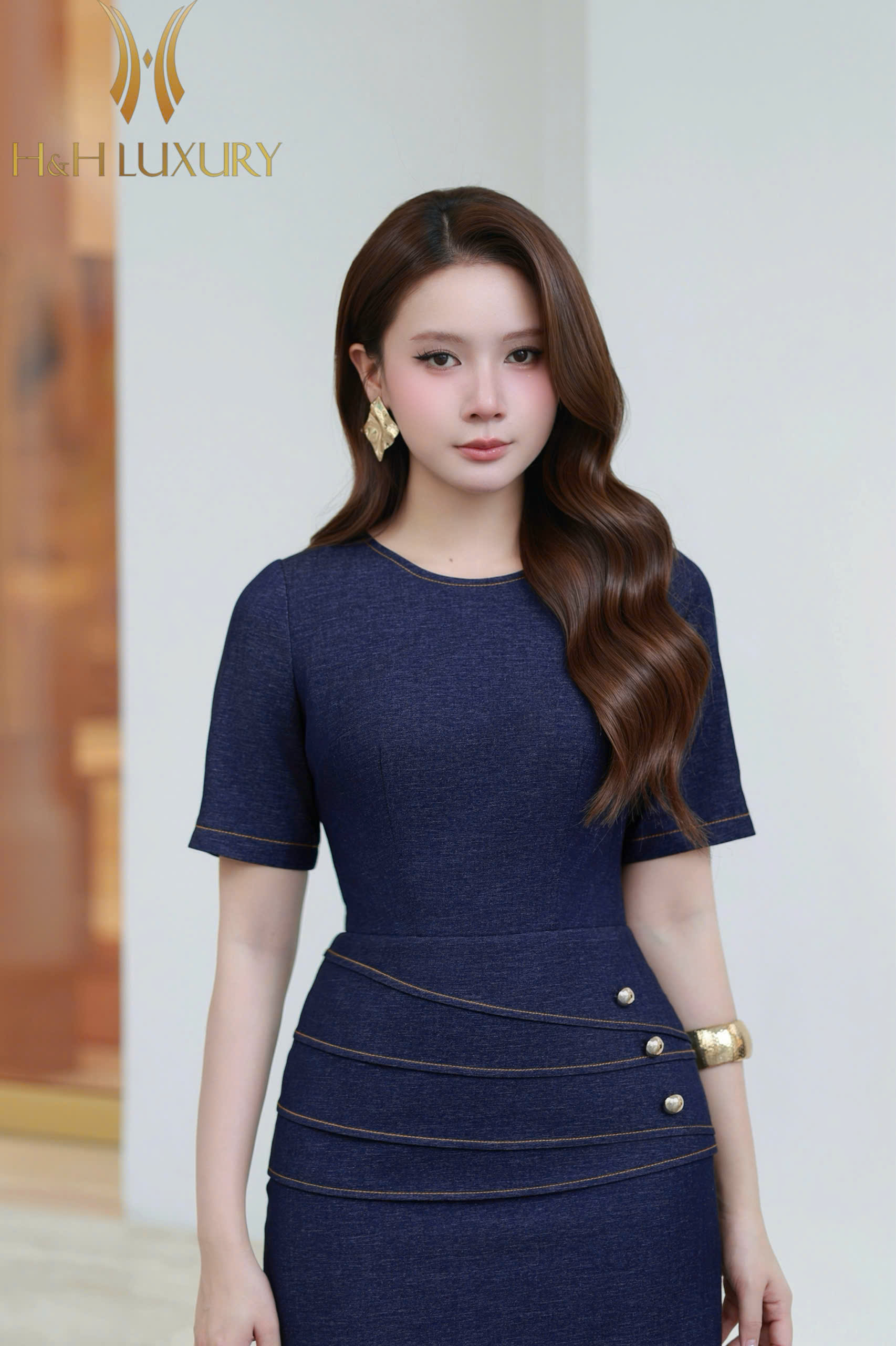 ĐẦM JEAN MỀM BÚT CHÌ SUÔNG XANH NAVY