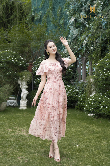 ĐẦM MAXI TƠ HÀN CAO CẤP HỒNG ÁNH CAM BÈO NGỰC