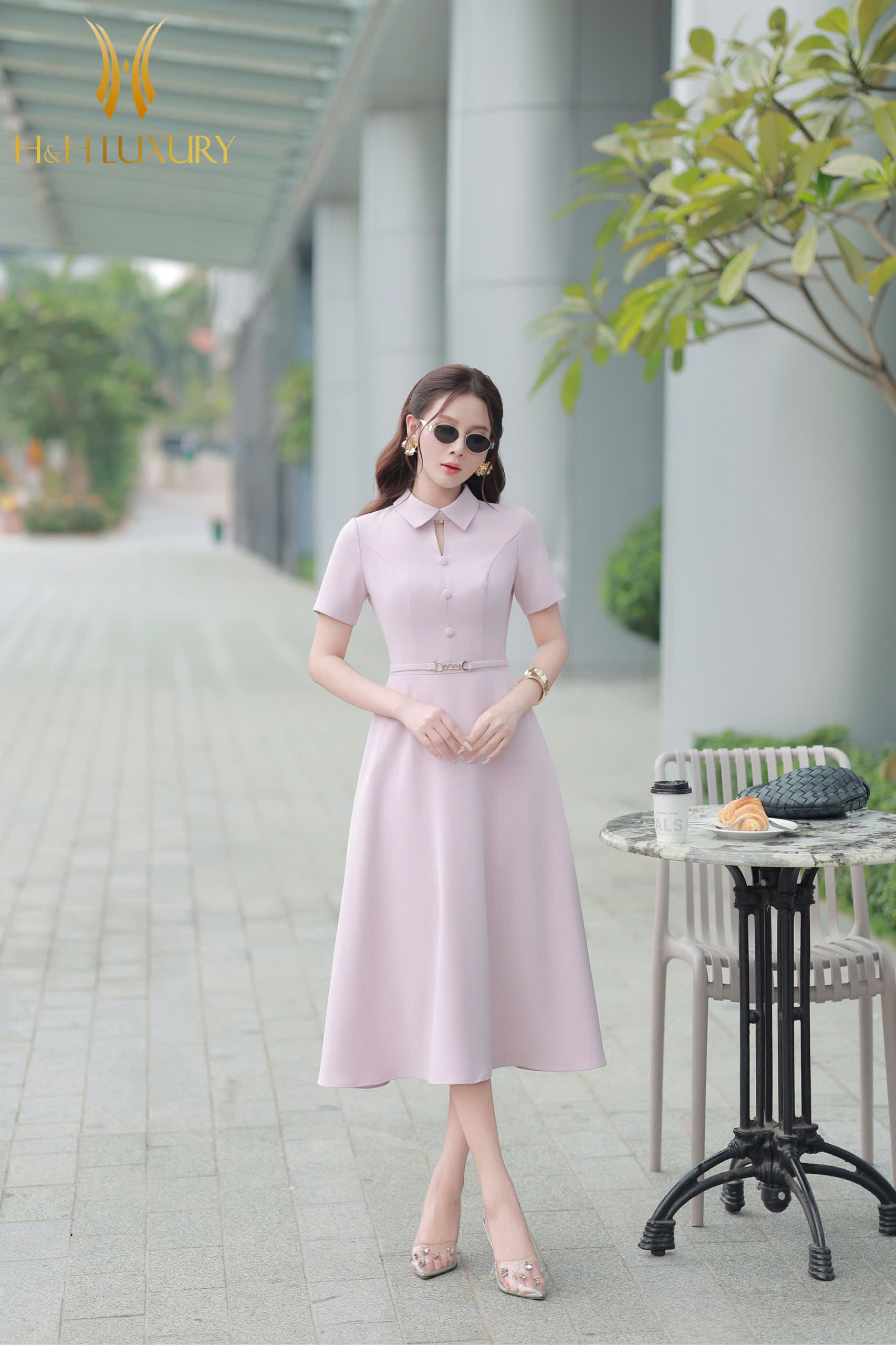 ĐẦM XÒE HỒNG PASTEL CÚC BỌC ĐAI EO