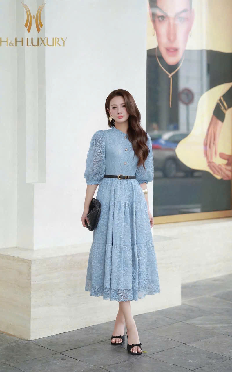 ĐẦM REN XÒE LÁ NHO XANH MINT