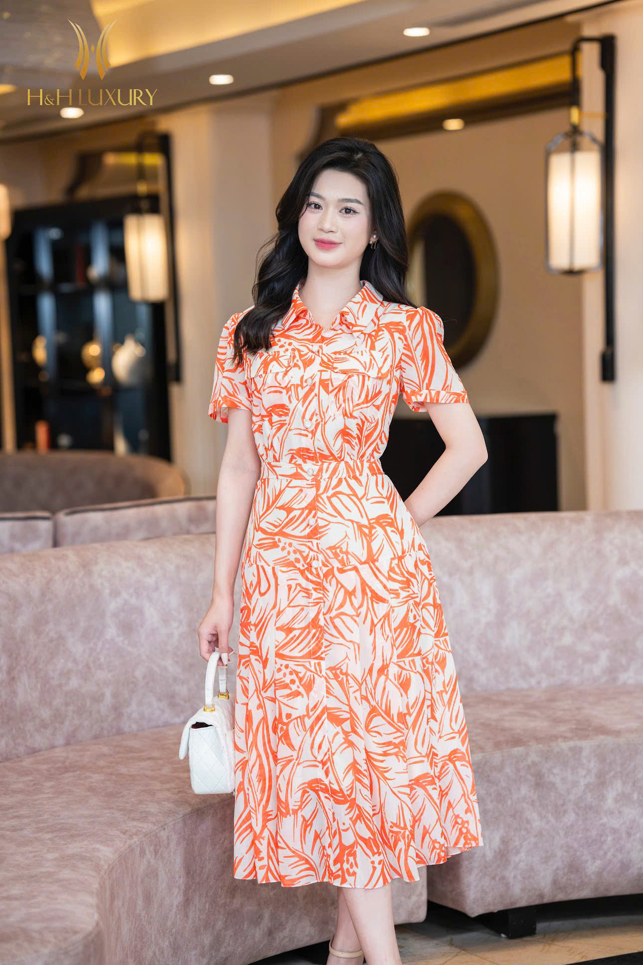 ĐẦM XÒE TƠ HỌA TIẾT TÔNG CAM 3D CỔ ĐỨC 2 TÚI