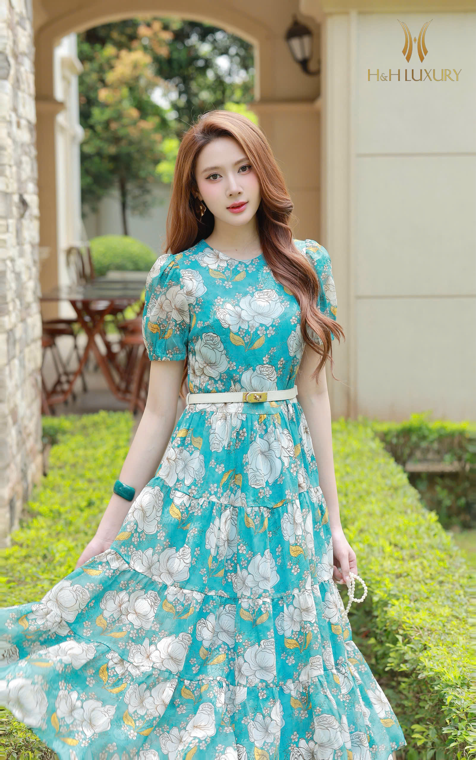 ĐẦM XÒE TƠ ÉP HOA XANH NGỌC