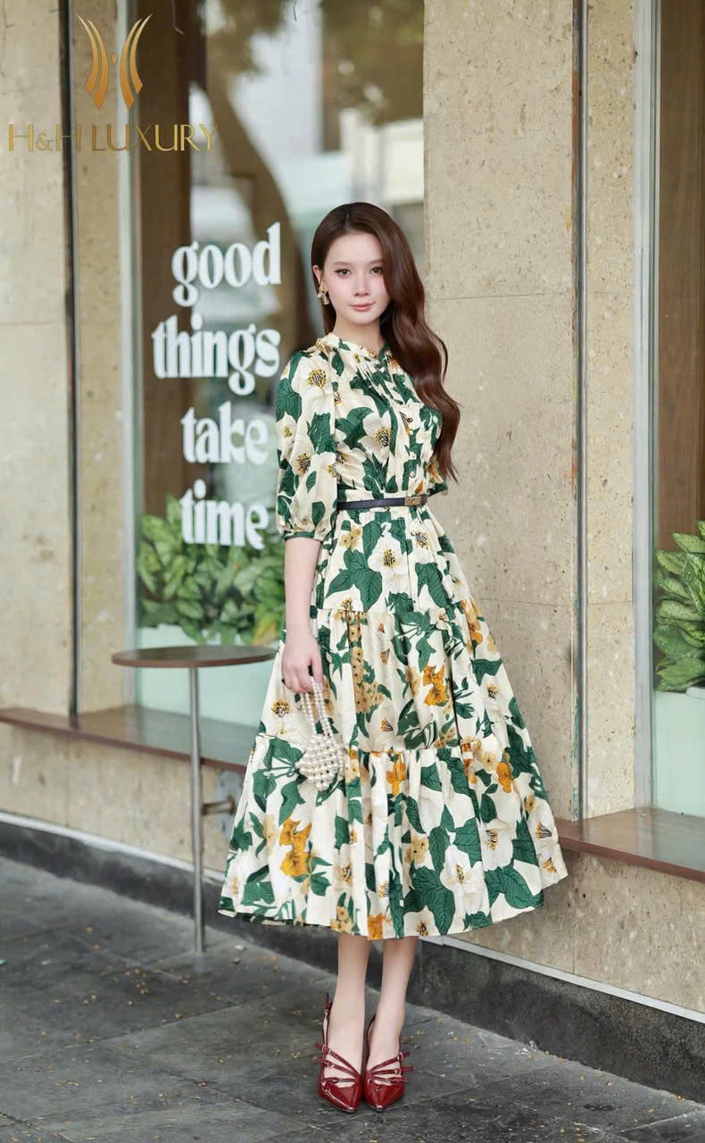 ĐẦM LỤA SATIN HOA XANH LÁ