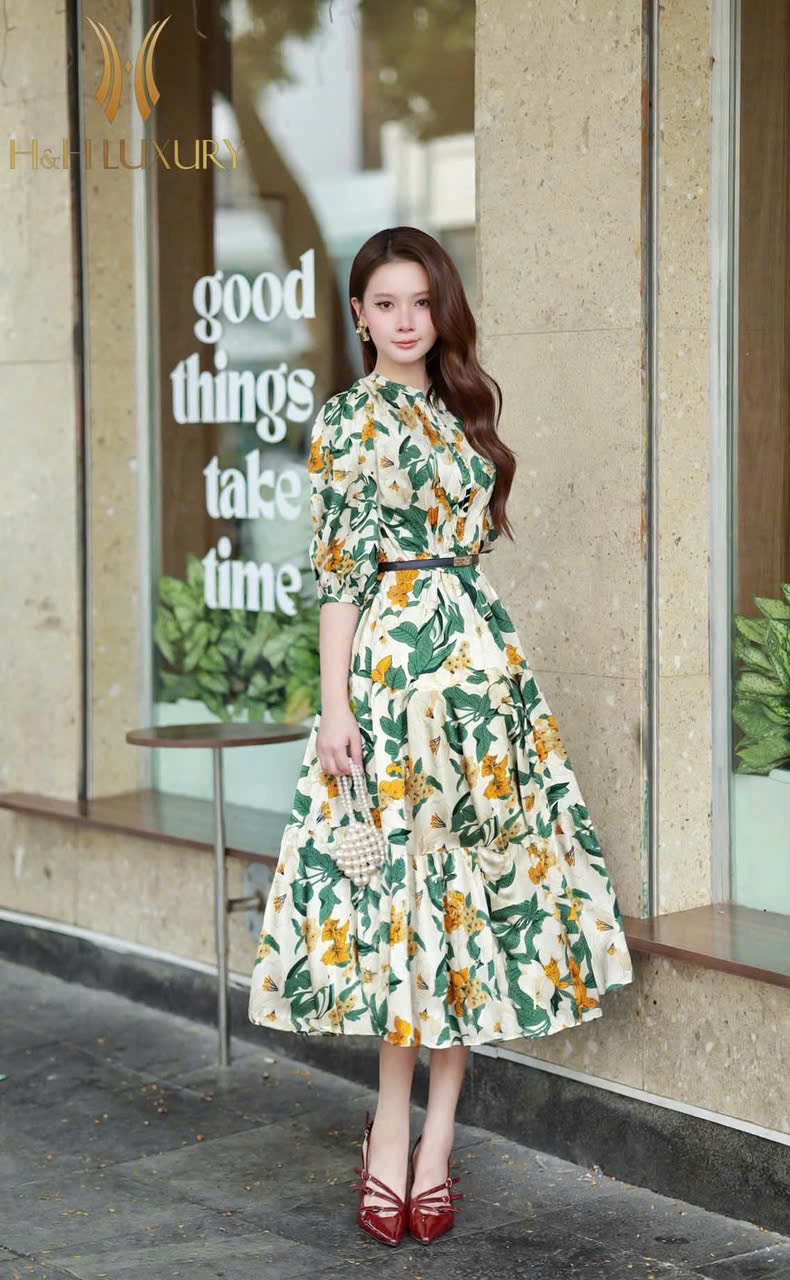 ĐẦM LỤA SATIN HOA XANH LÁ