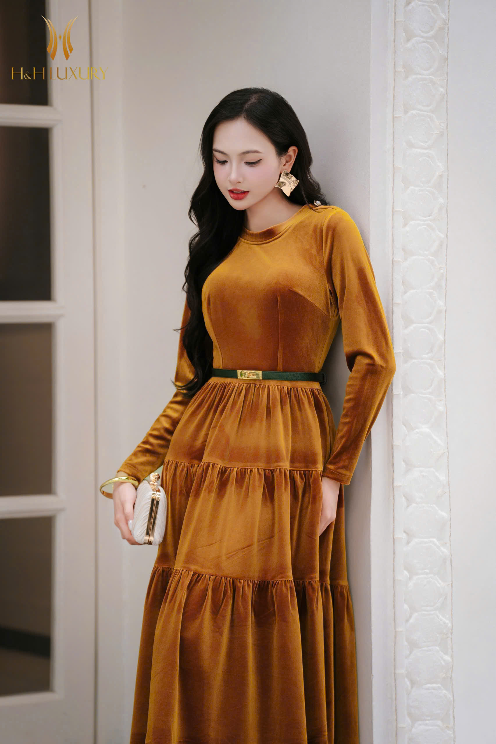 ĐẦM NHUNG XÒE NÂU BÒ 3 TẦNG