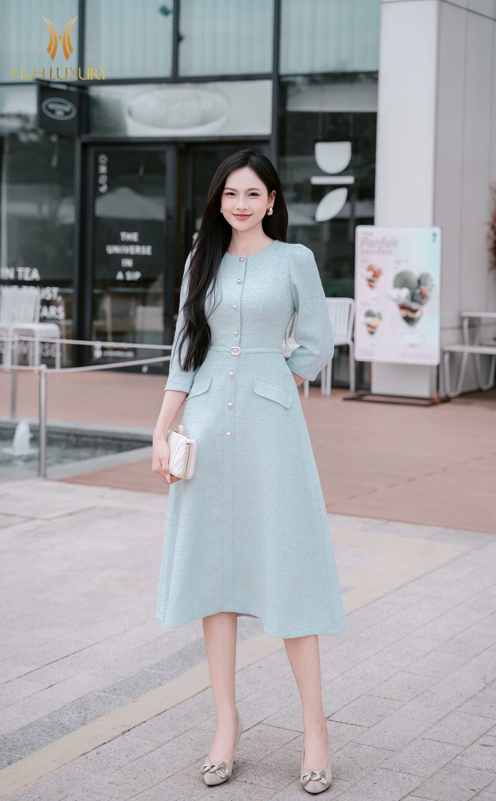 ĐẦM DẠ TWEED XANH ĐAI EO