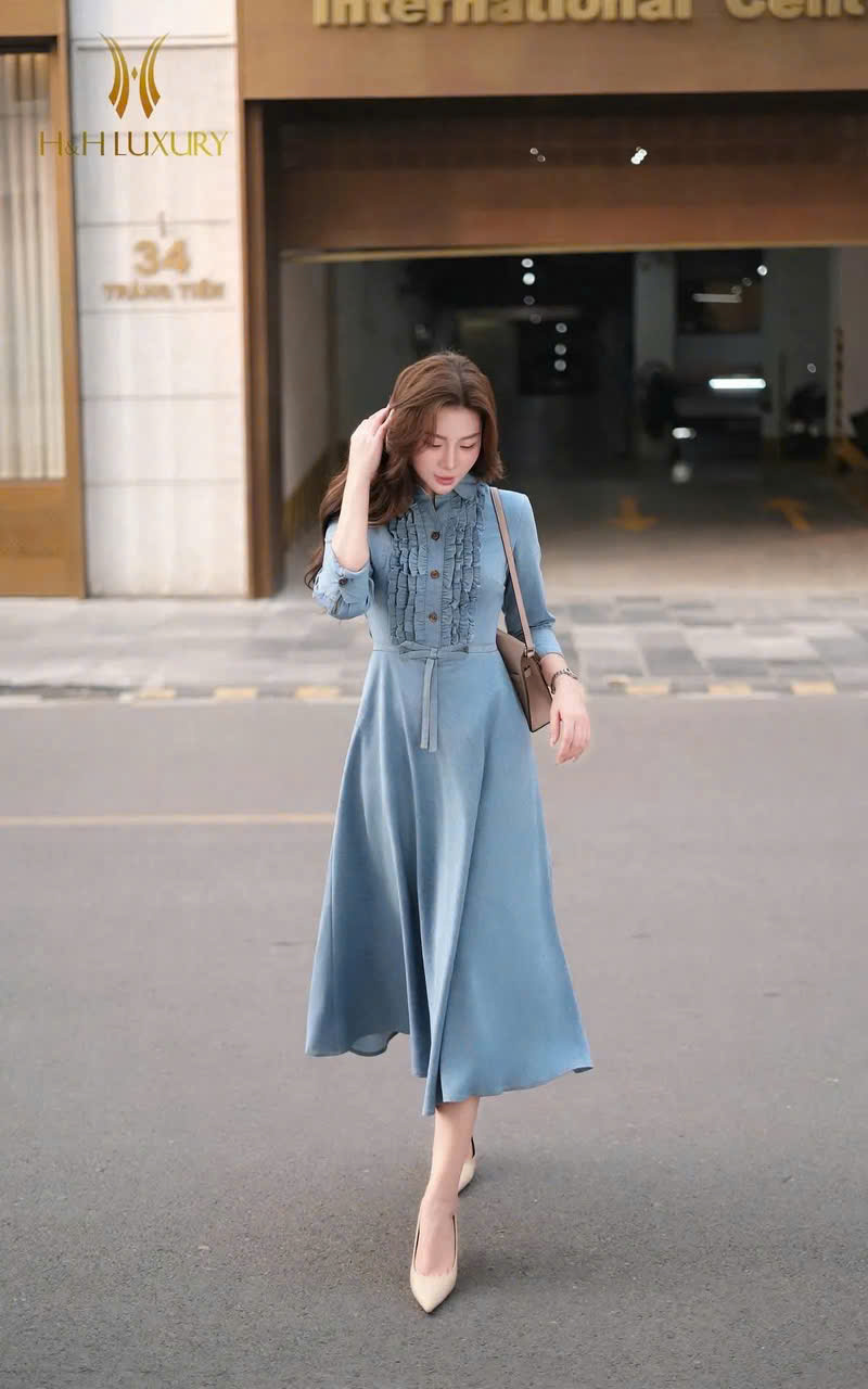 ĐẦM XÒE JEAN XANH PASTEL XẾP BÈO