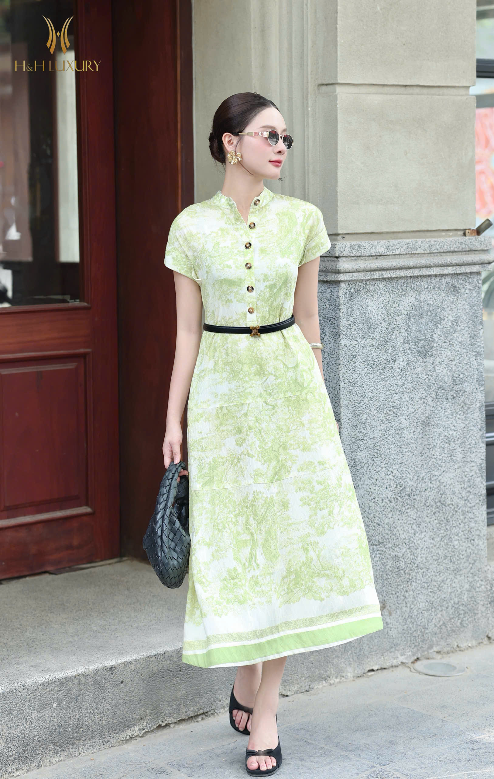 ĐẦM LINEN XANH CỐM ĐÍNH CÚC