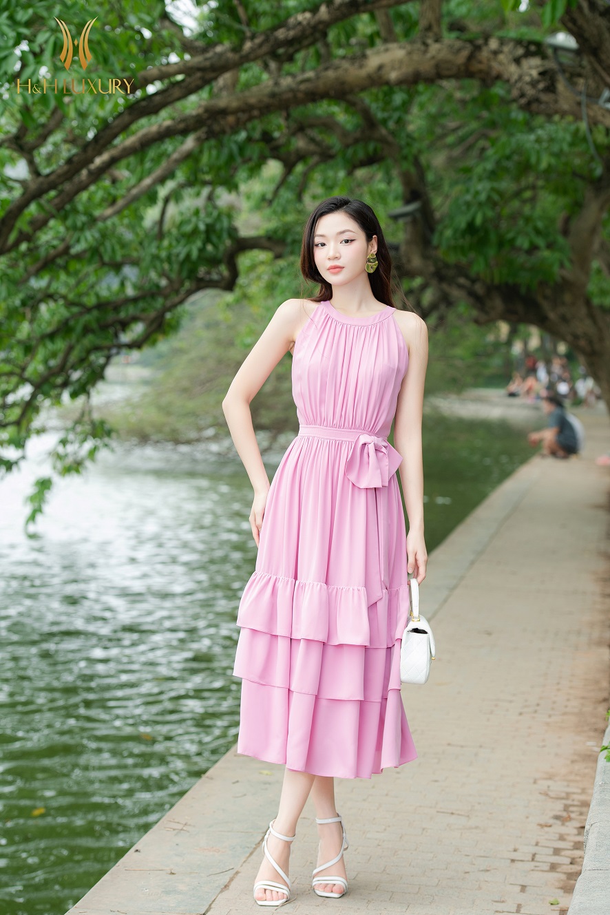 ĐẦM MAXI HỒNG TÍM NƠ EO