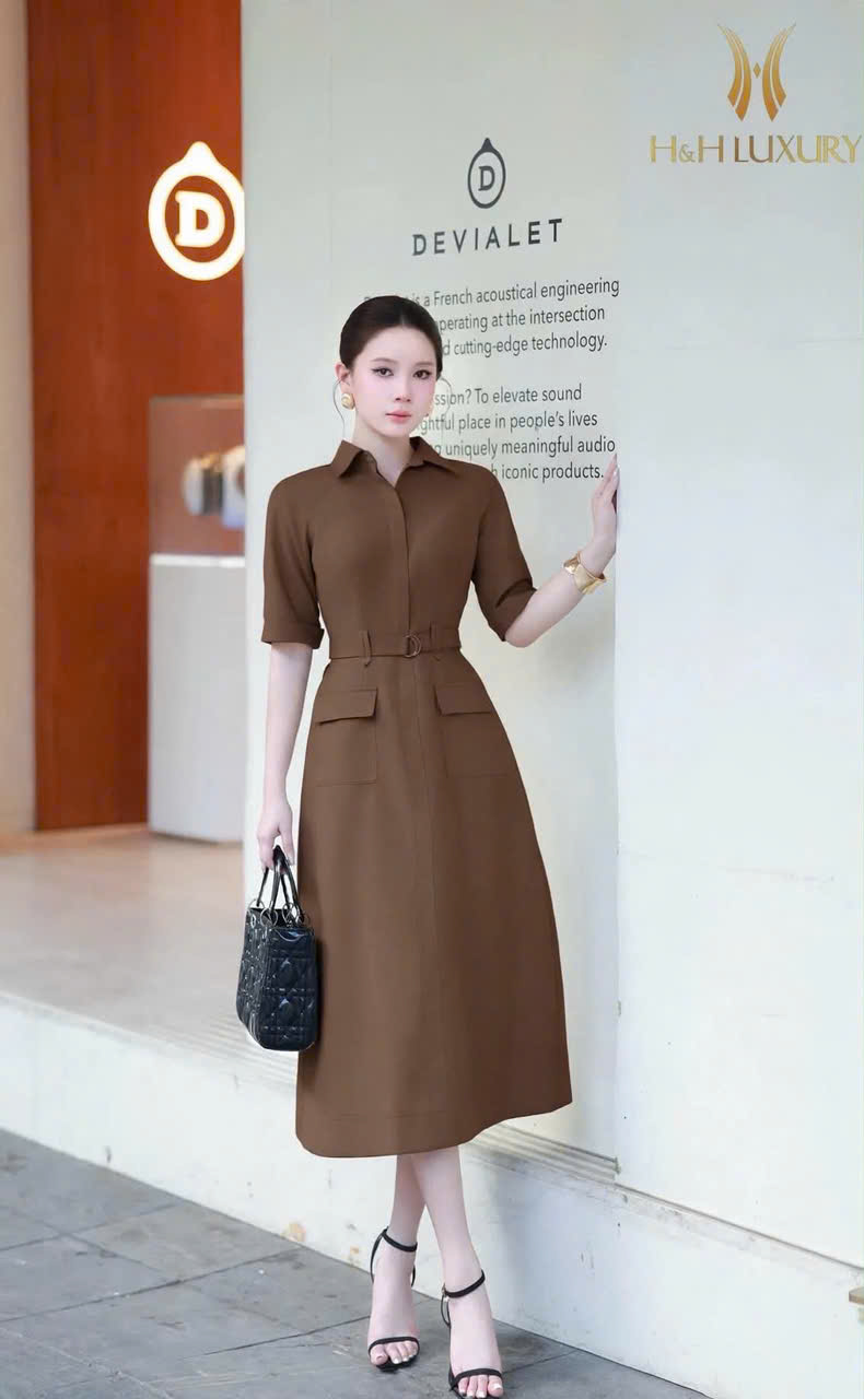 ĐẦM KAKI LỤA NÂU TÂY ĐAI EO