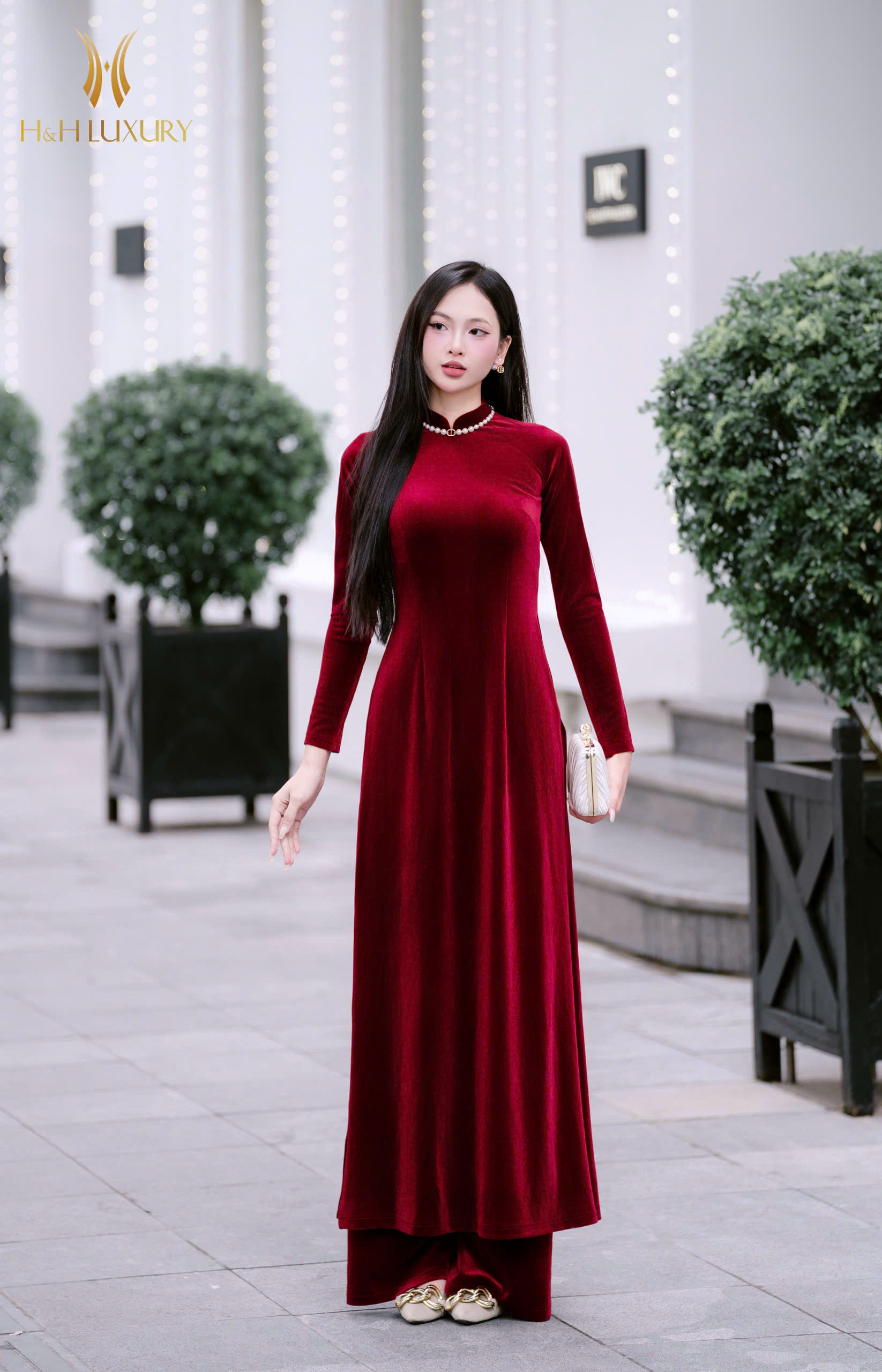 ÁO DÀI NHUNG ĐỎ CHERRY