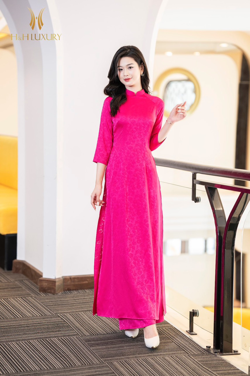 ÁO DÀI GẤM HOA HỒNG TÔNG HỒNG SEN