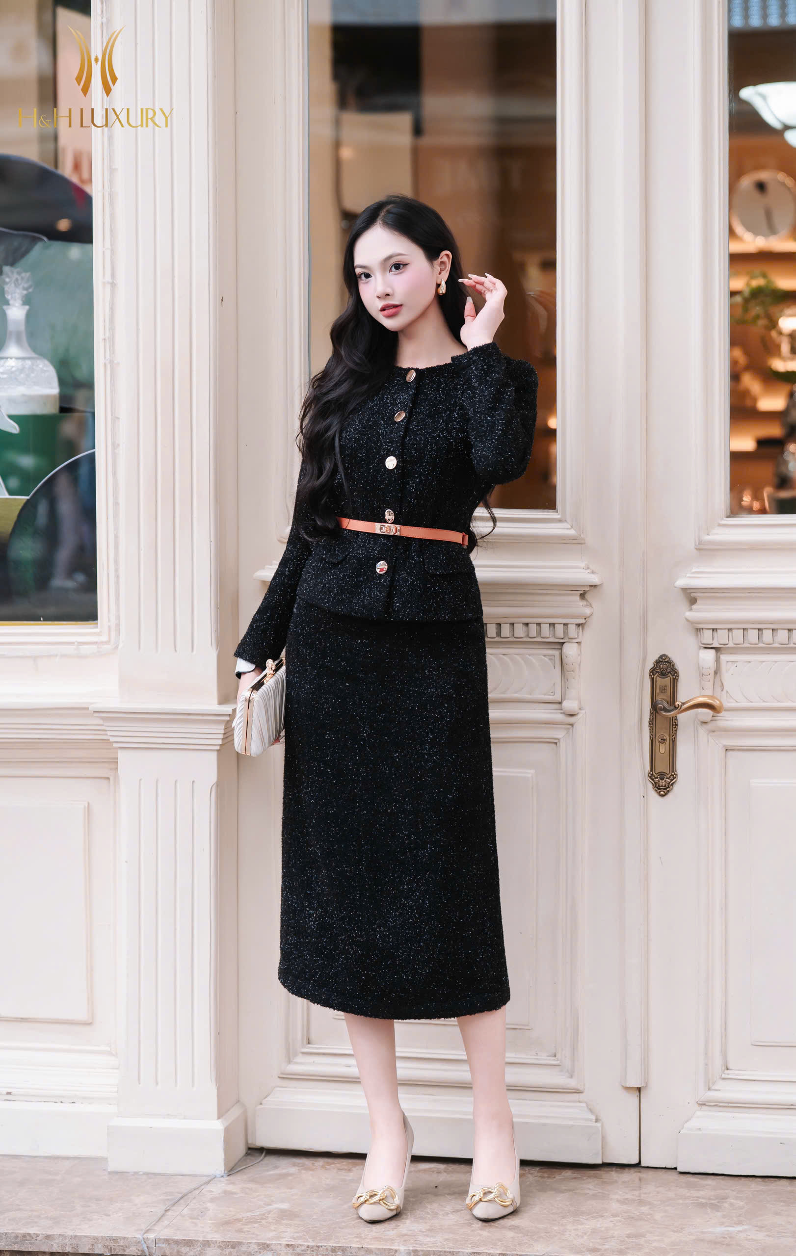 CHÂN VÁY BÚT CHÌ DẠ LÔNG ĐEN 2 TÚI