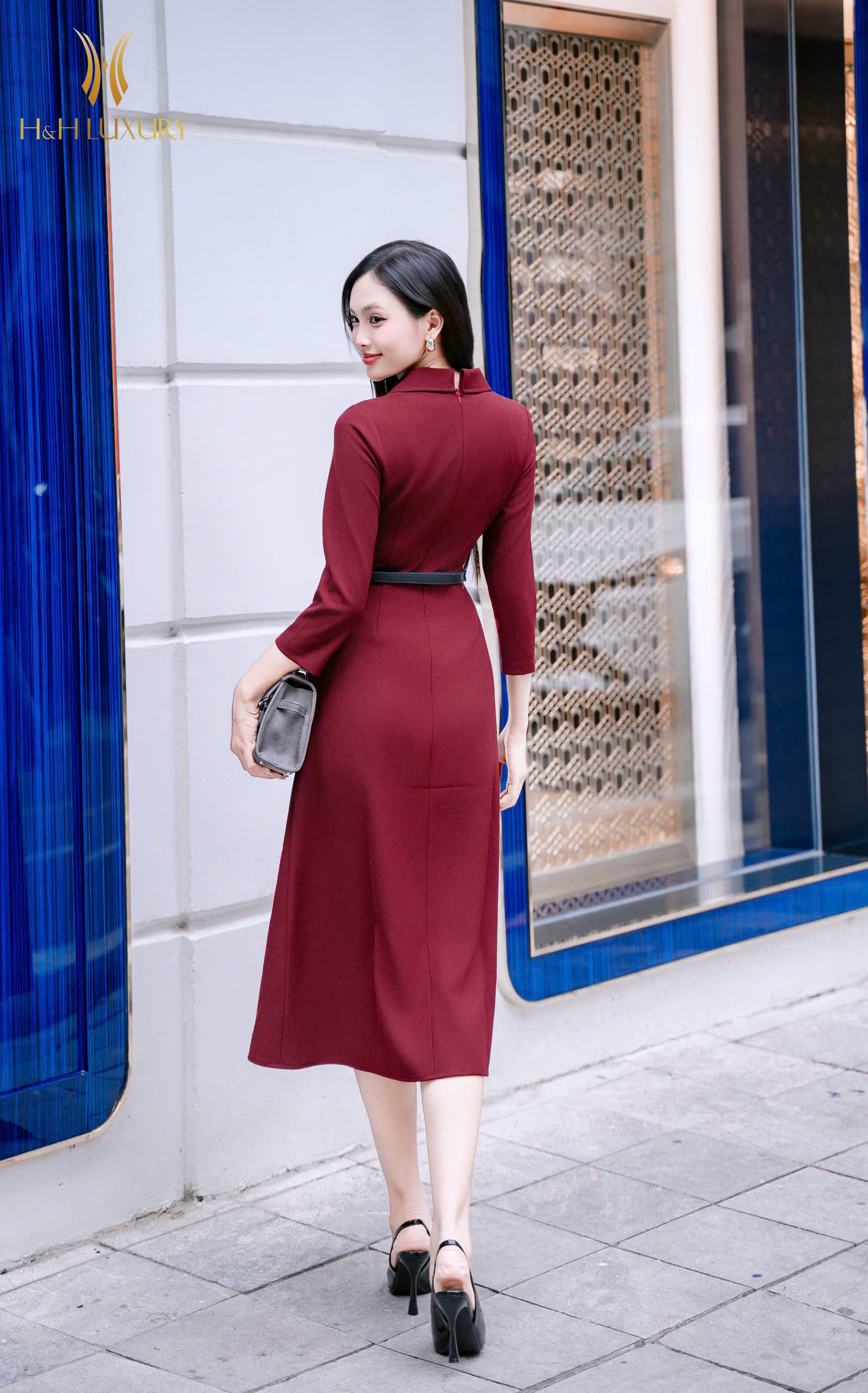 ĐẦM CỔ VEST ĐỎ BORDEAUX ĐÍNH CÚC