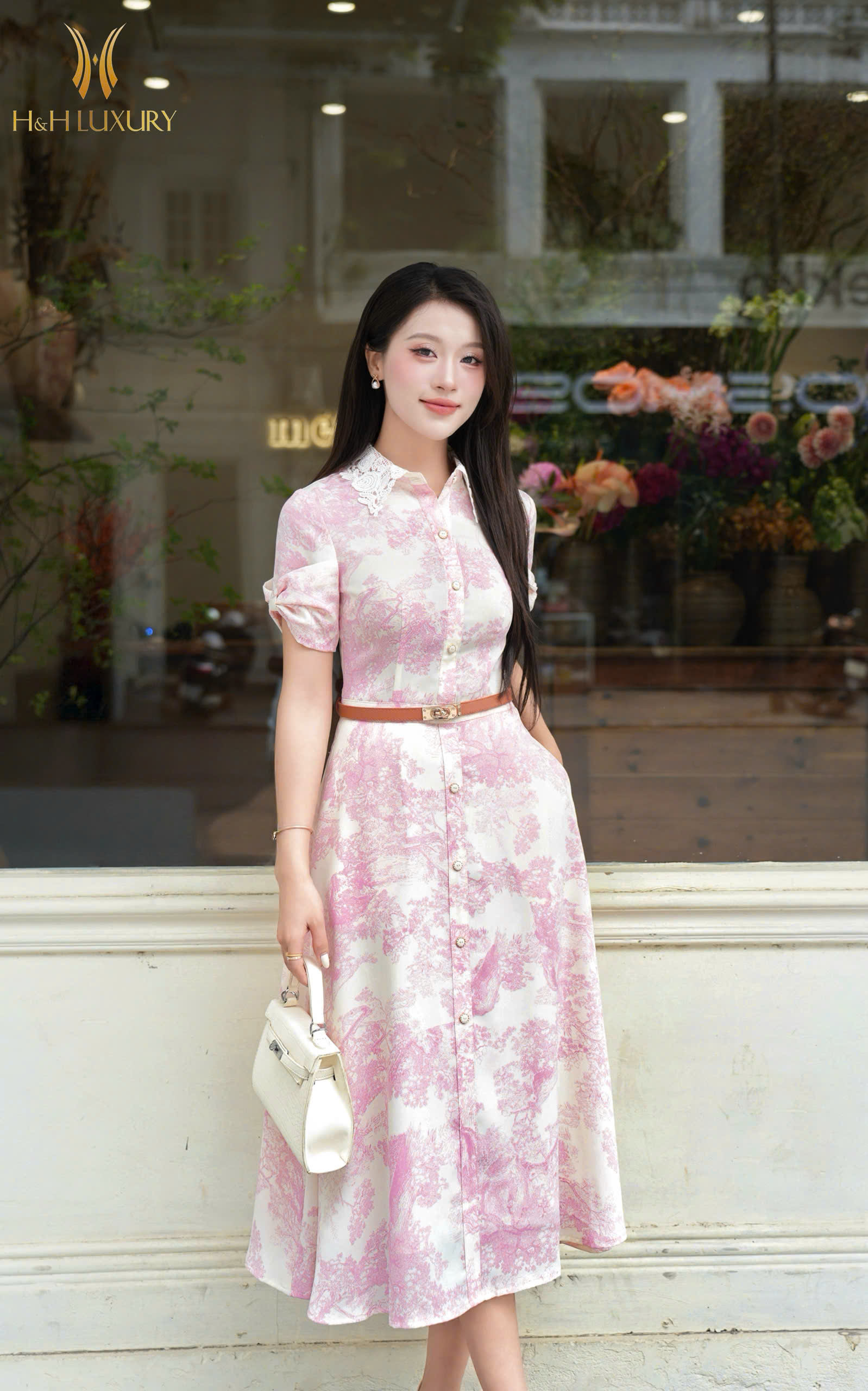 ĐẦM LỤA HỒNG CỔ REN ĐÍNH CÚC