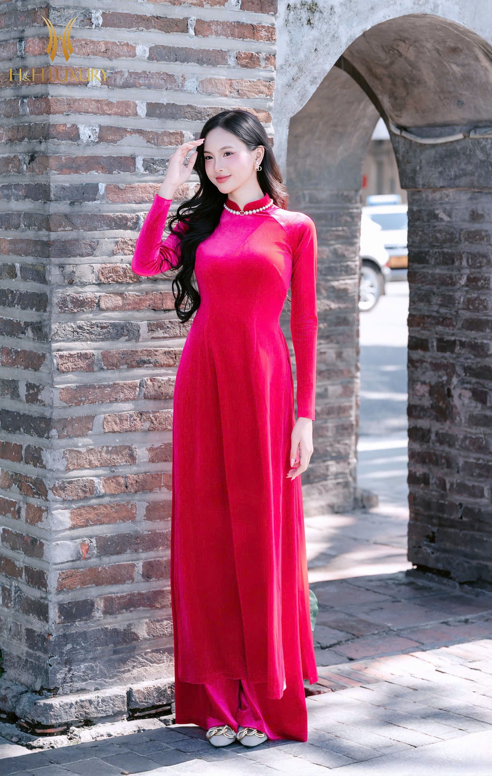 ÁO DÀI NHUNG HỒNG SEN ĐẬM