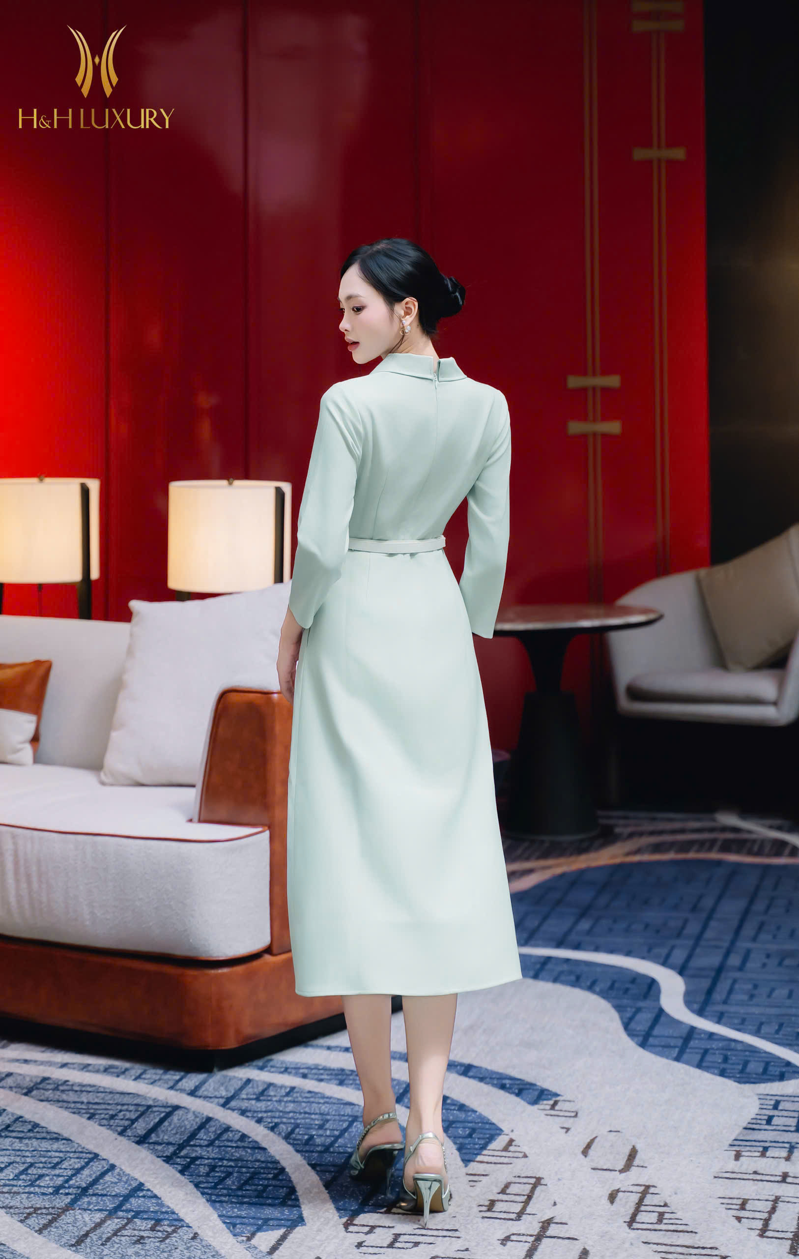 ĐẦM CỔ VÉC XANH MINT TÀ LẬT ĐÍNH CÚC