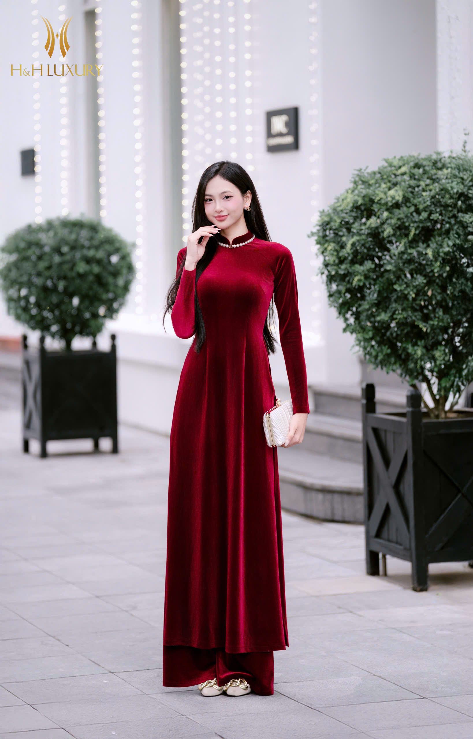 ÁO DÀI NHUNG ĐỎ CHERRY