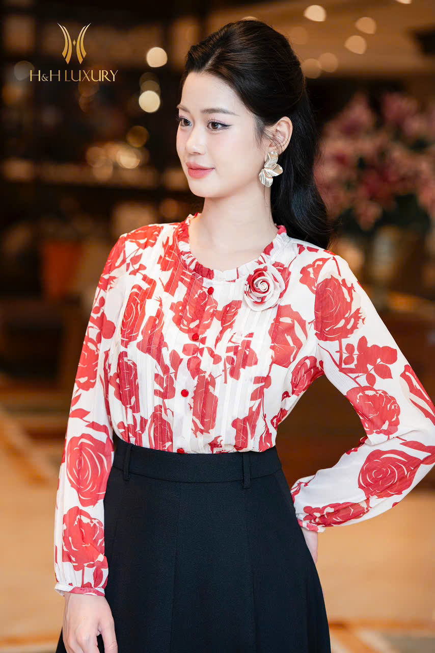 ÁO SƠ MI TƠ HOA HỒNG MÍ NGỰC ĐÍNH HOA