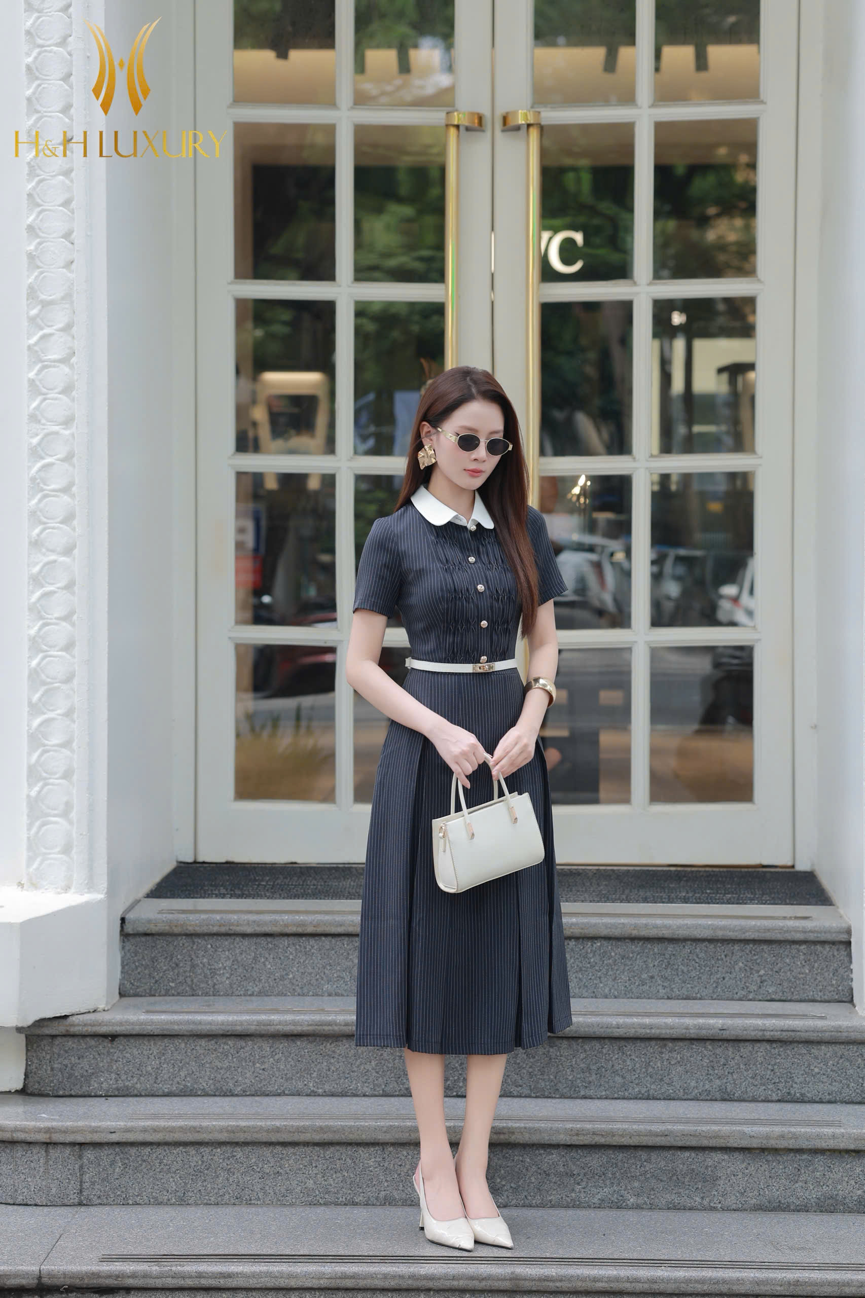 ĐẦM KẺ XANH NAVY PHỐI CỔ MÍ THÂN