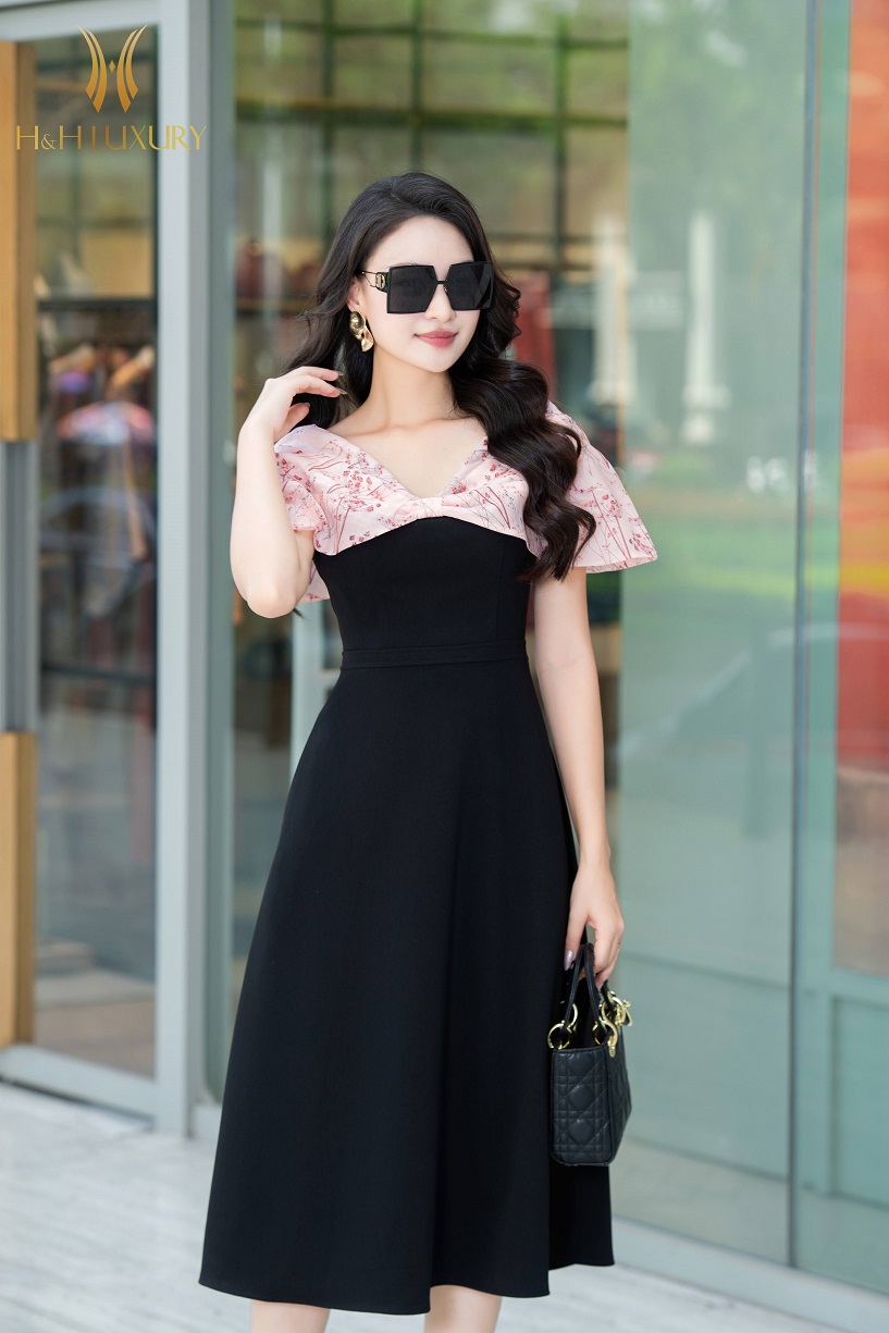 ĐẦM XÒE ĐEN PHỐI TƠ HỒNG CAM CAO CẤP