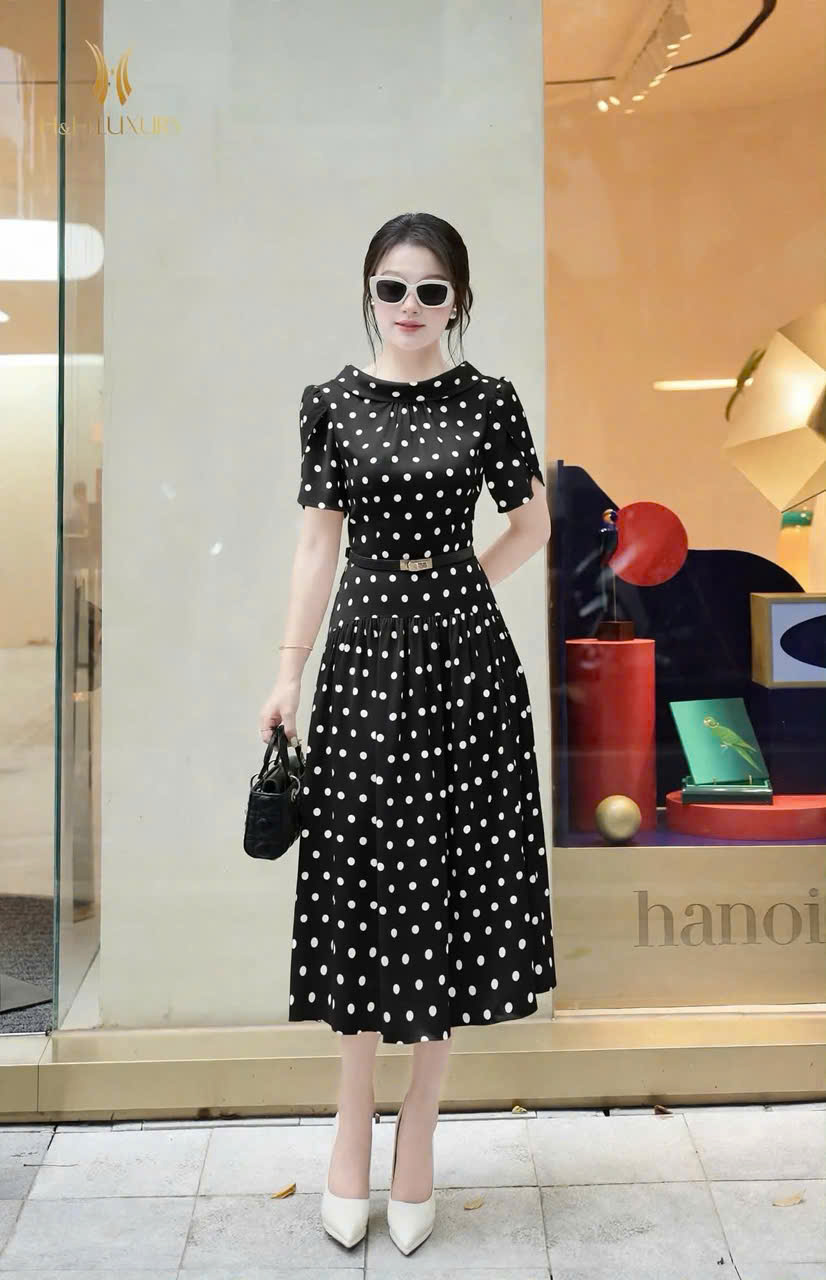ĐẦM BI TRẮNG ĐEN CỔ V SAU